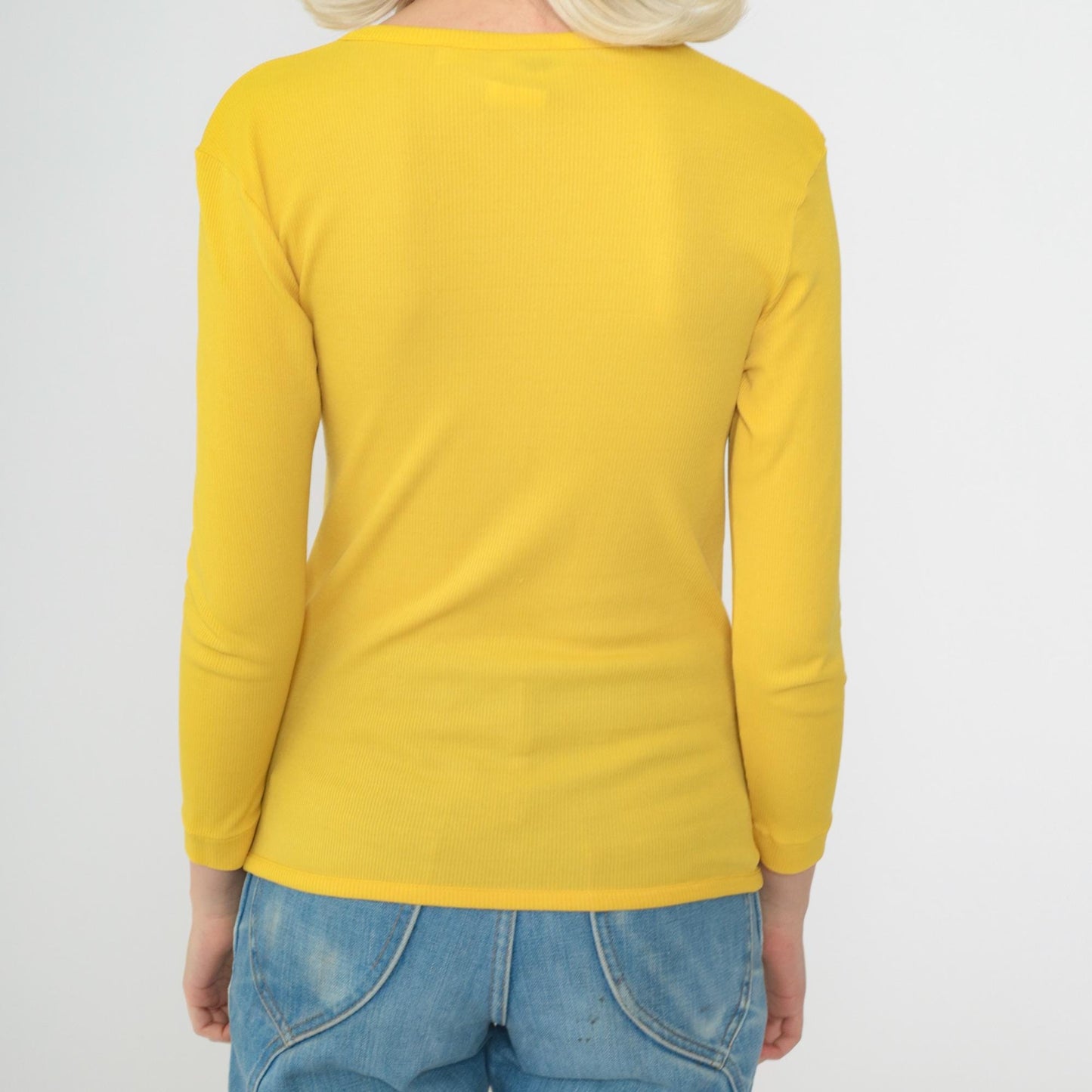 70s Yellow Ribbed Nylon Blouse Asymmetrical Faux Wrap V-Neck Long Sleeve XS