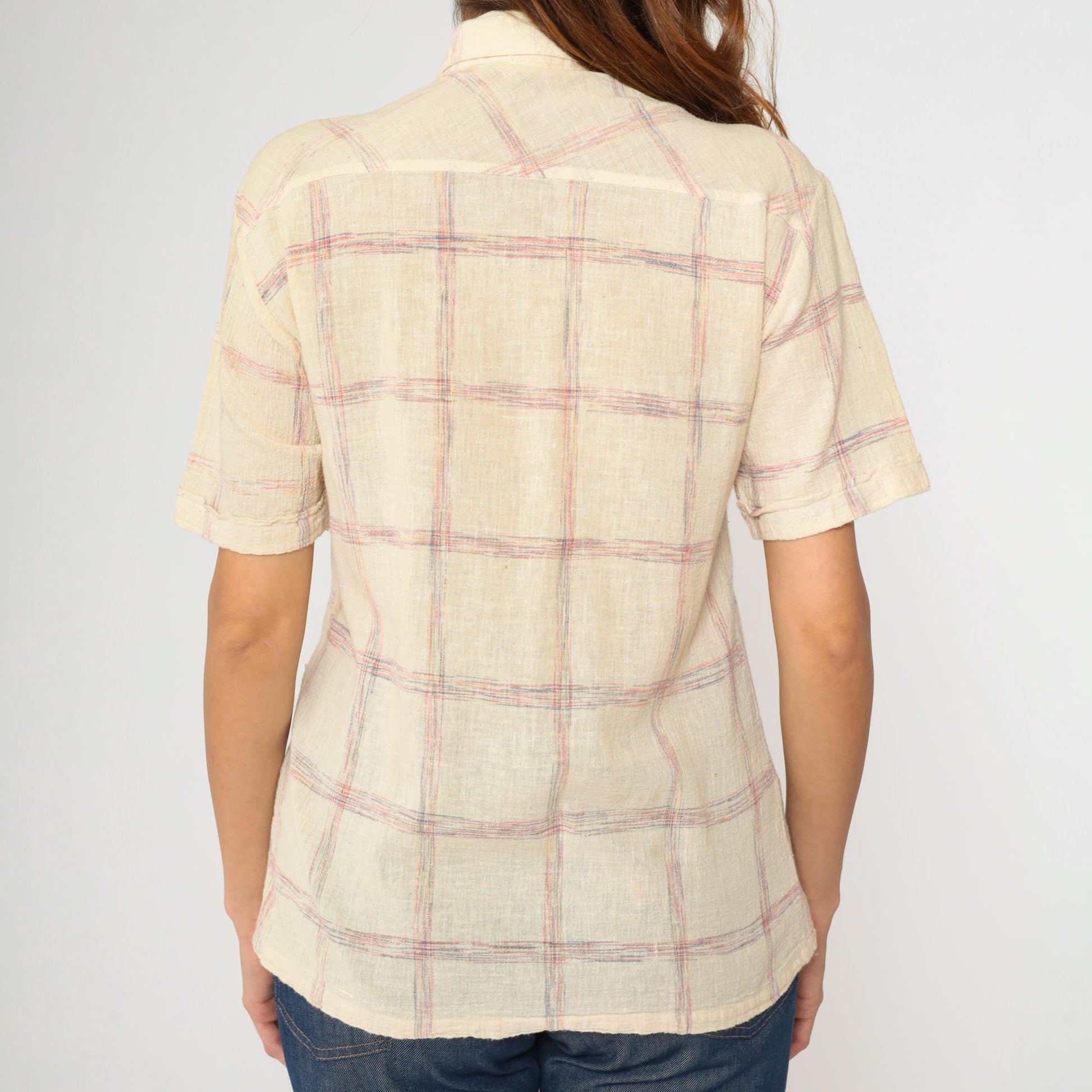 70s Trouper Gauze Plaid Shirt Cream Pointed Collar Button Up Medium