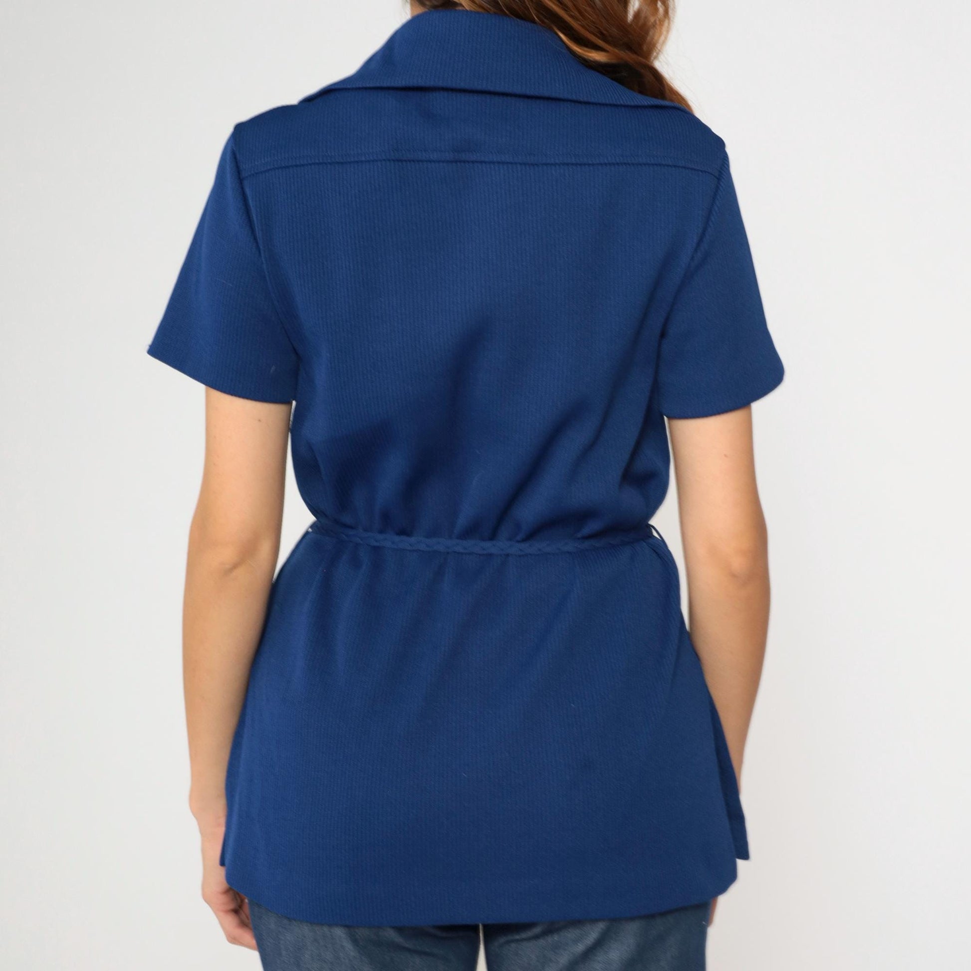 70s Dark Blue Ribbed Knit Johnny Collar Blouse Short Sleeve Large L