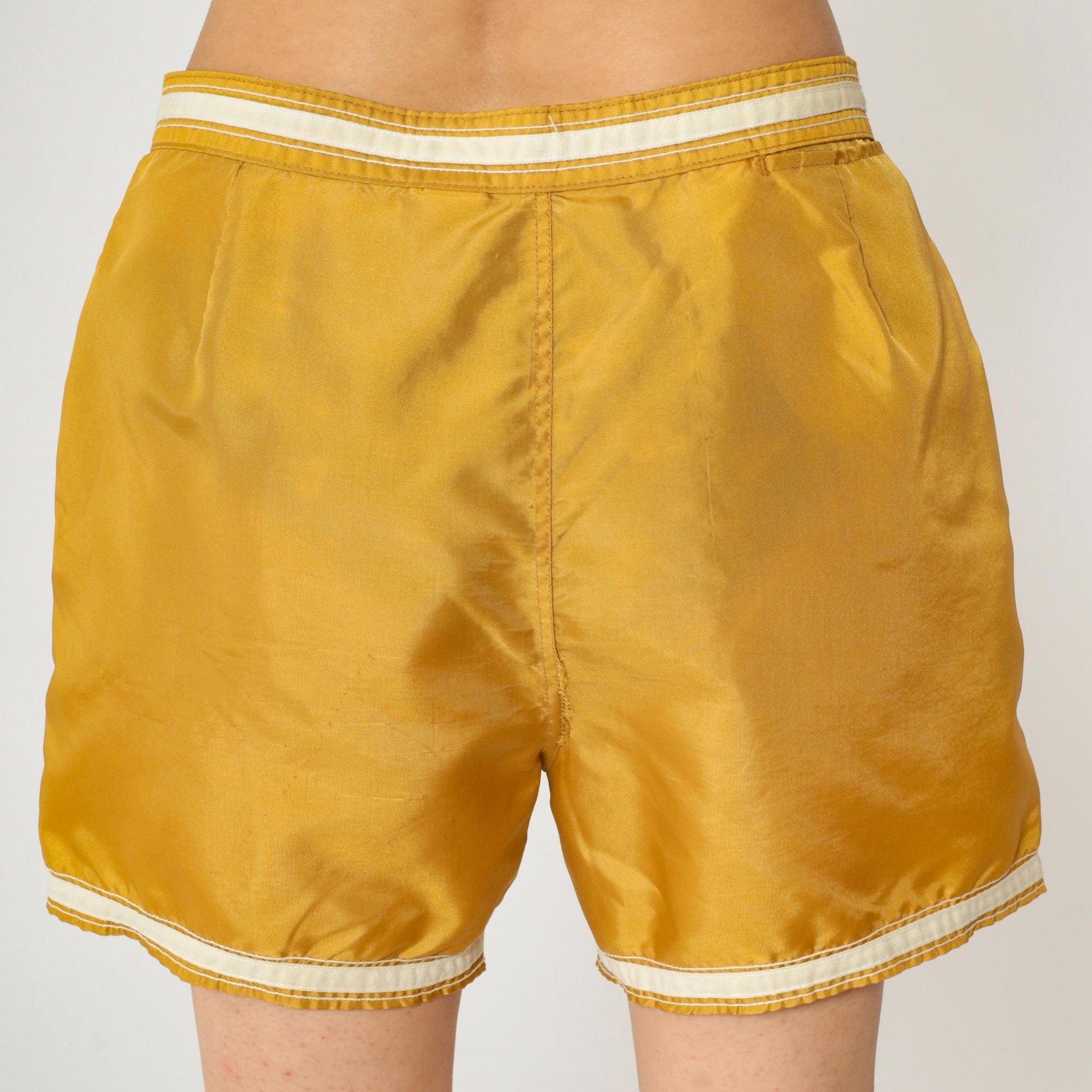 1970s Sears Swim Trunks Mustard Yellow Striped Board Shorts Medium 34