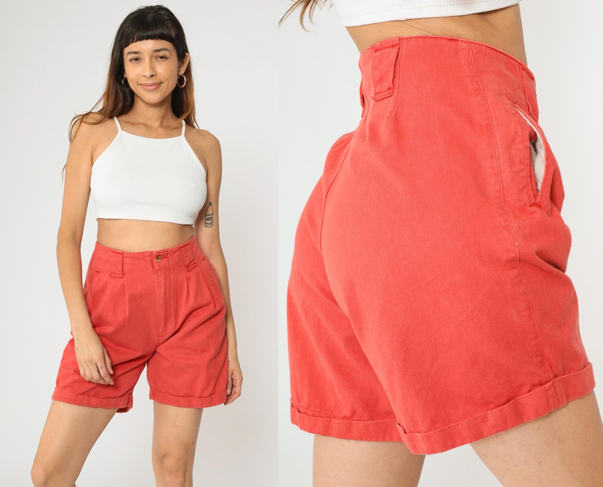 80s Points West Red Cotton Pleated Shorts High Waist Cuffed Small