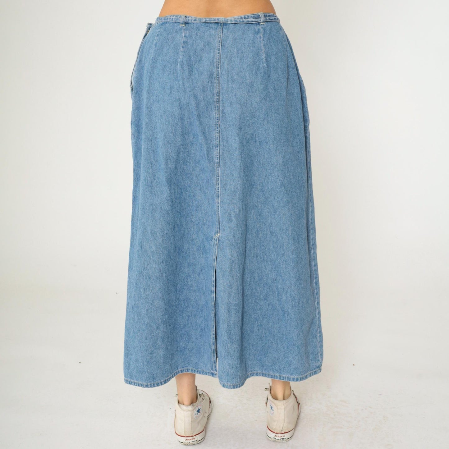 90s St. John's Bay Denim Cargo Maxi Skirt Blue High Waist Tie Closure Size 16W