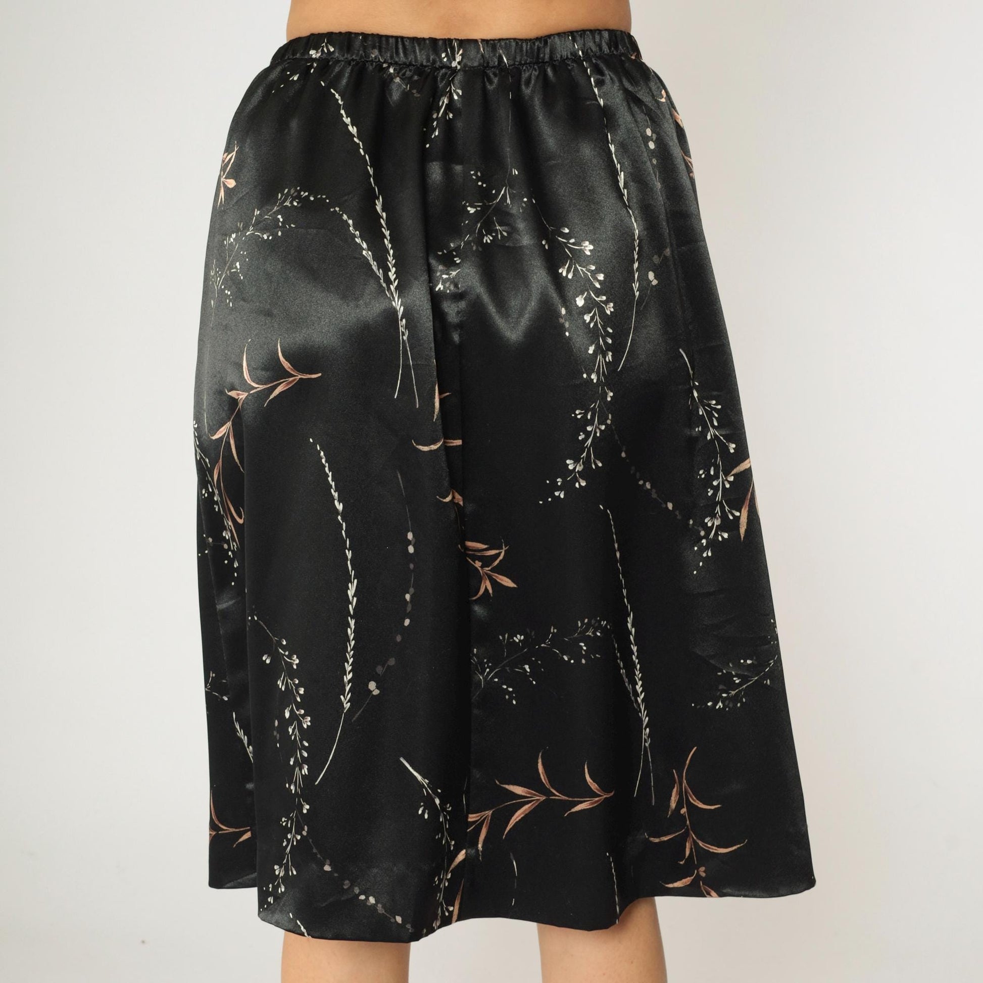 90s Black Satin Midi Skirt Floral Print High Waist Elastic Small