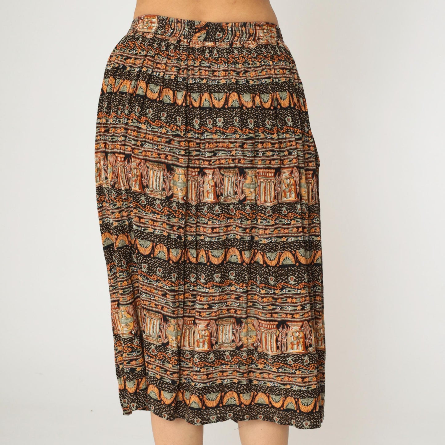 90s Broomstick Midi Skirt Black Orange Vase Print Crinkle Rayon Medium M