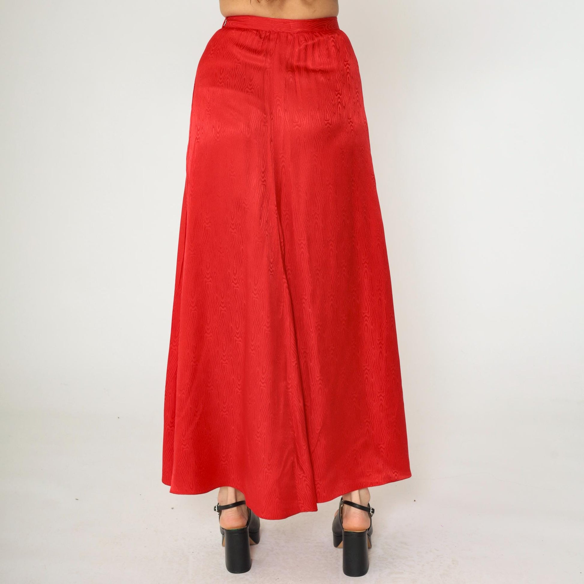 90s Red Moiré Satin Maxi Skirt High Waist A-Line Bias Cut Small