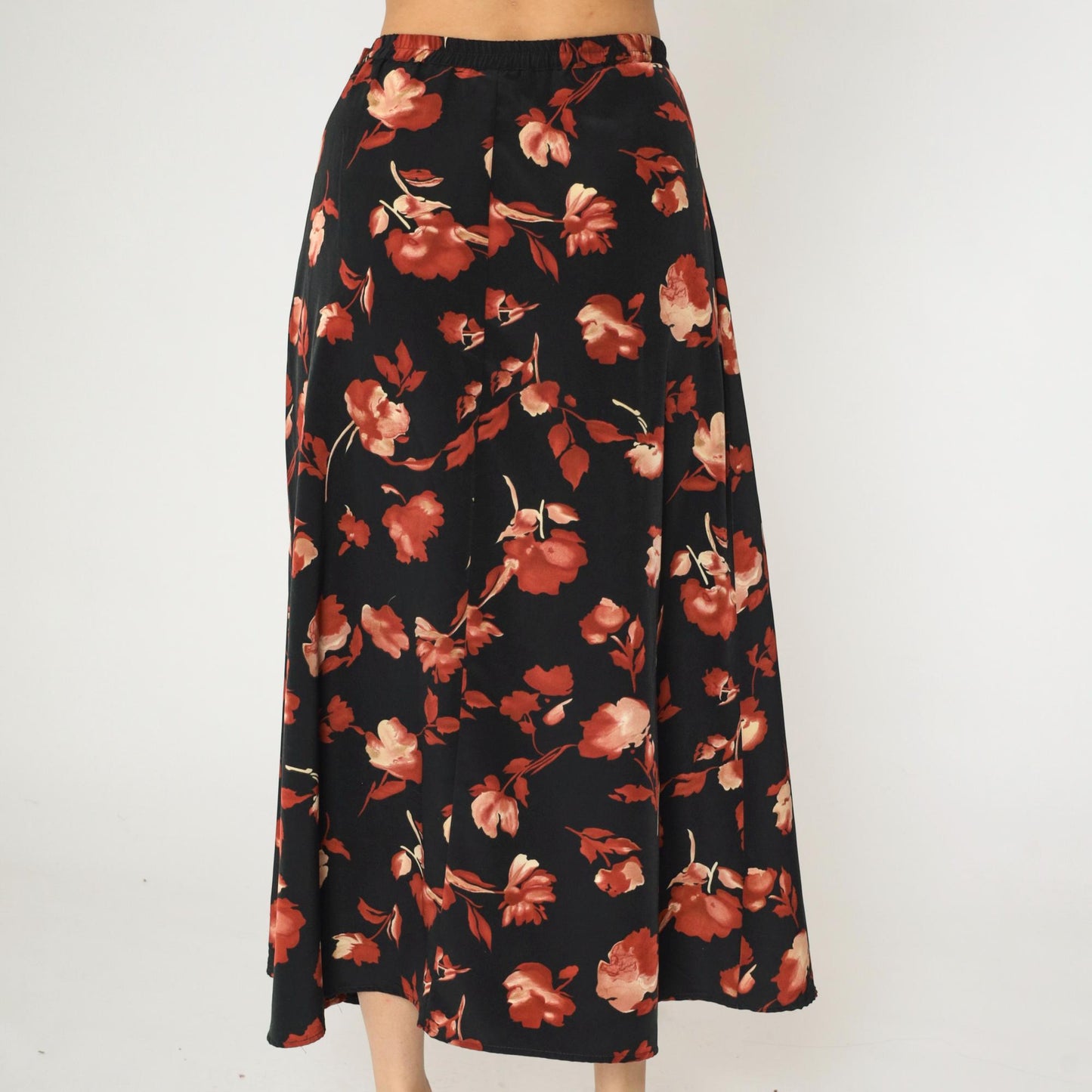 90s Black Floral A-Line Maxi Skirt High Waisted Rust Orange Small