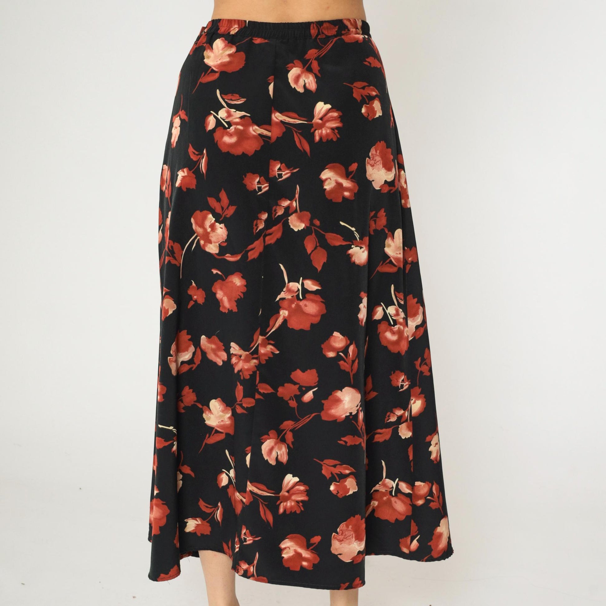 90s Black Floral A-Line Maxi Skirt High Waisted Rust Orange Small