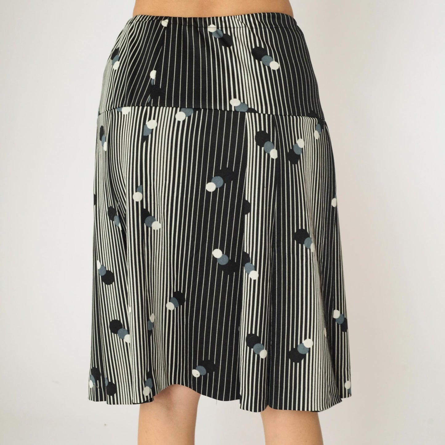 70s Black White Striped Polka Dot Mod Skirt High Waist A-Line Knee Length Small Medium