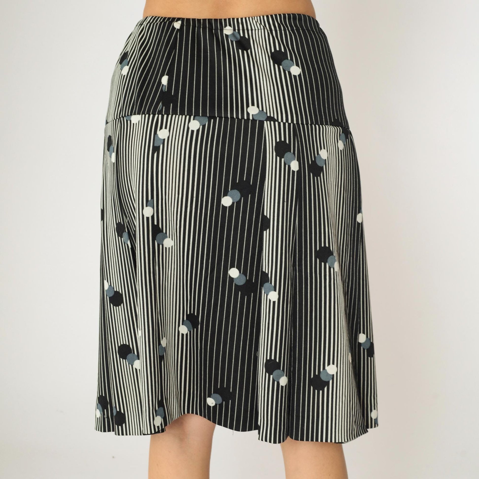 70s Black White Striped Polka Dot Mod Skirt High Waist A-Line Knee Length Small Medium