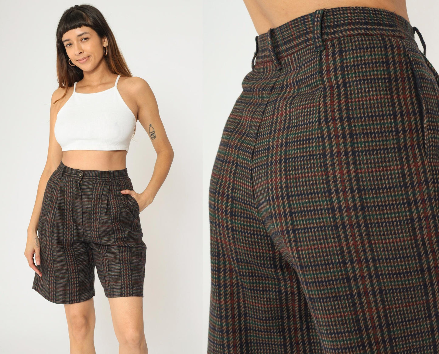 90s Sag Harbor Plaid Wool Shorts High Waisted Pleated Small S