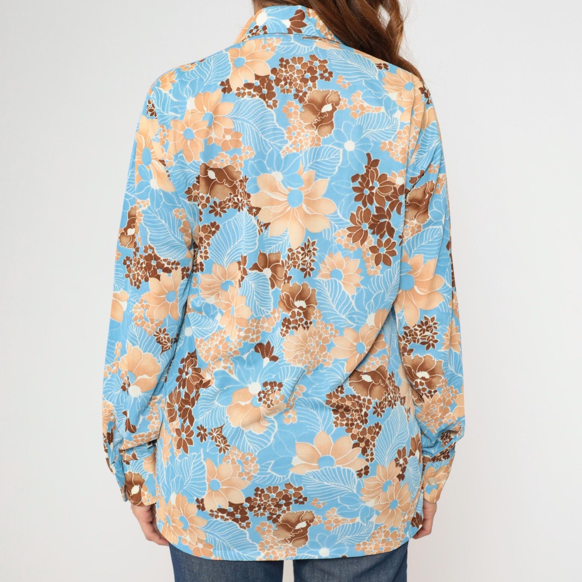 70s Prince Igor Floral Button-Up Shirt Blue Brown Tan Dagger Collar Medium