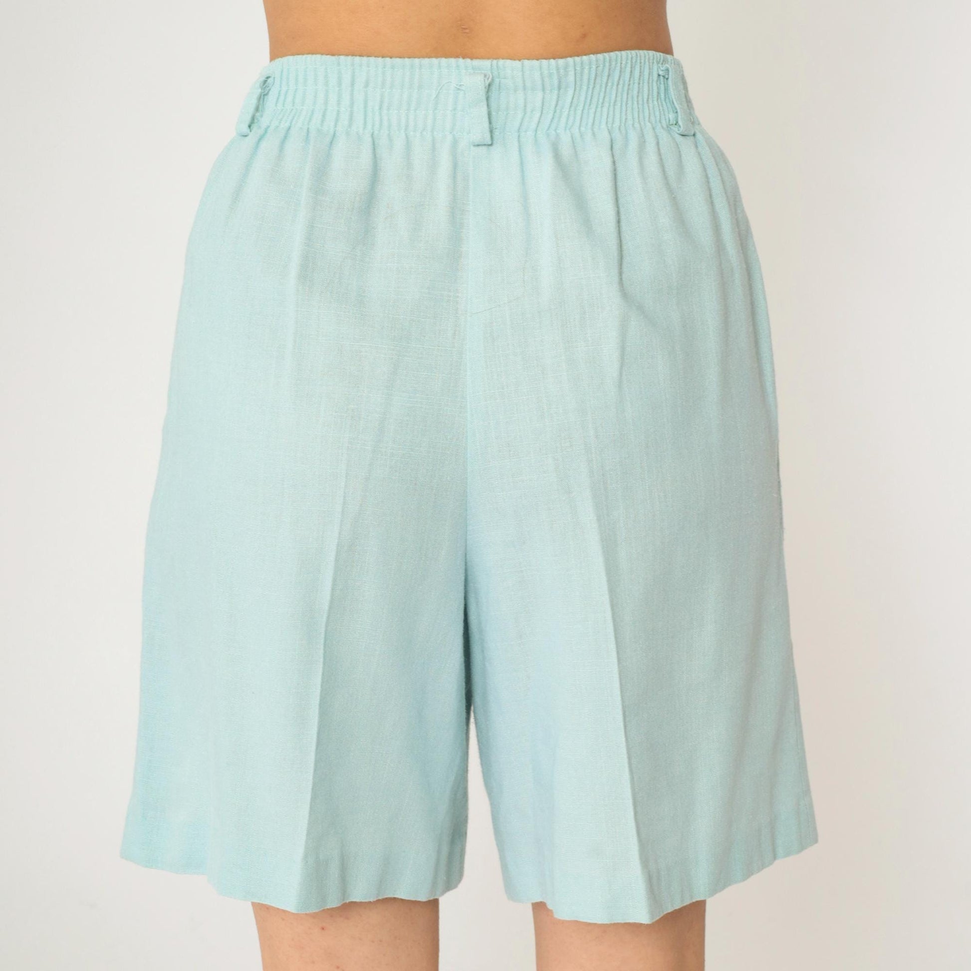 80s Light Blue Pleated High-Waist Shorts Linen Blend Wide Leg Small