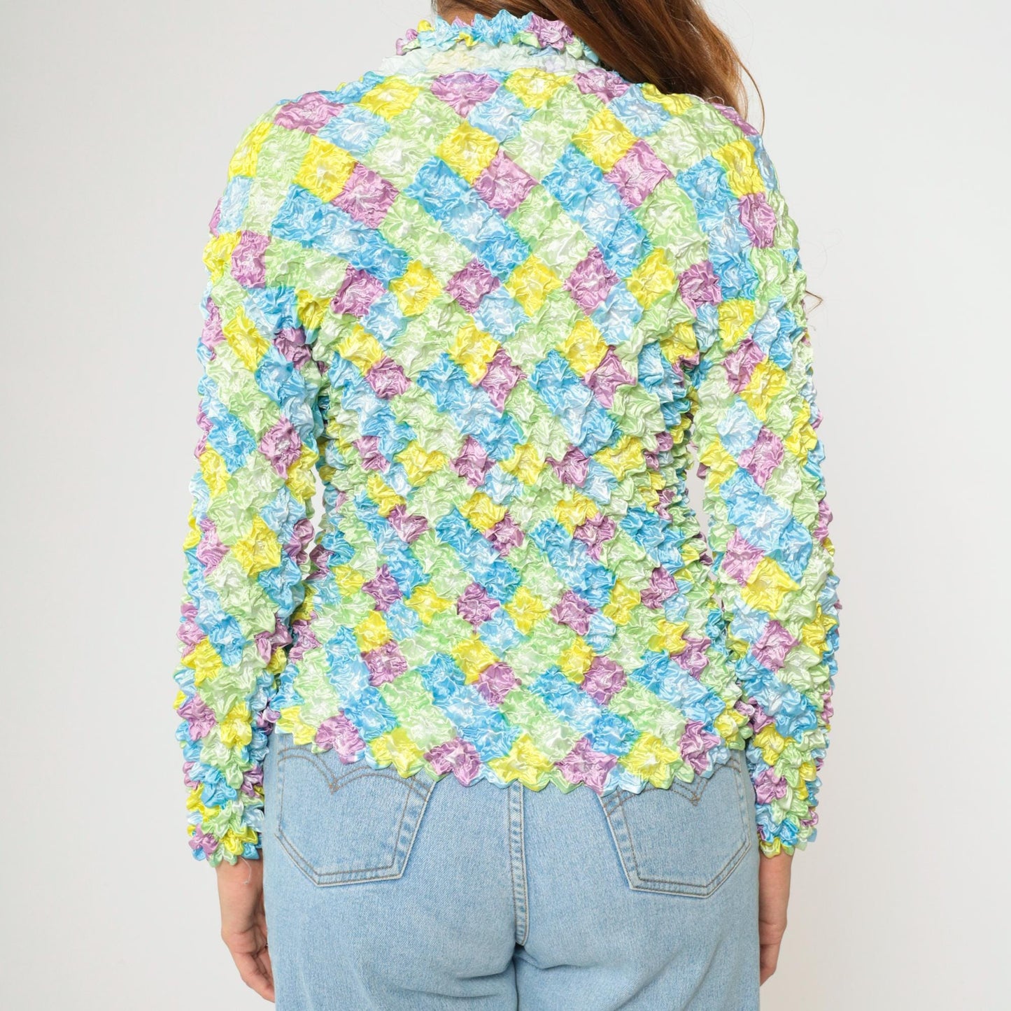 Y2K Pastel Harlequin Diamond Popcorn Shirt Crinkle Stretch Button Up Small