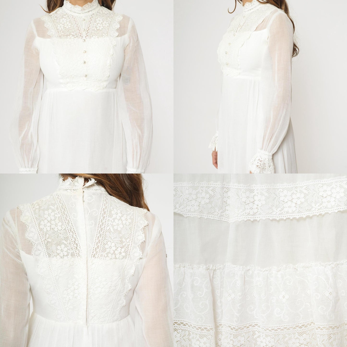 70s White Lace Wedding Dress Victorian Illusion Neckline Maxi Gown Small