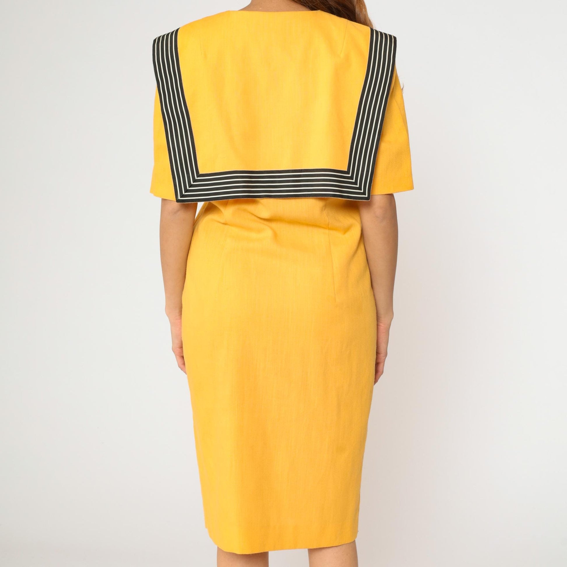 80s Yellow Sailor Collar Midi Dress Double Breasted Black Striped Medium