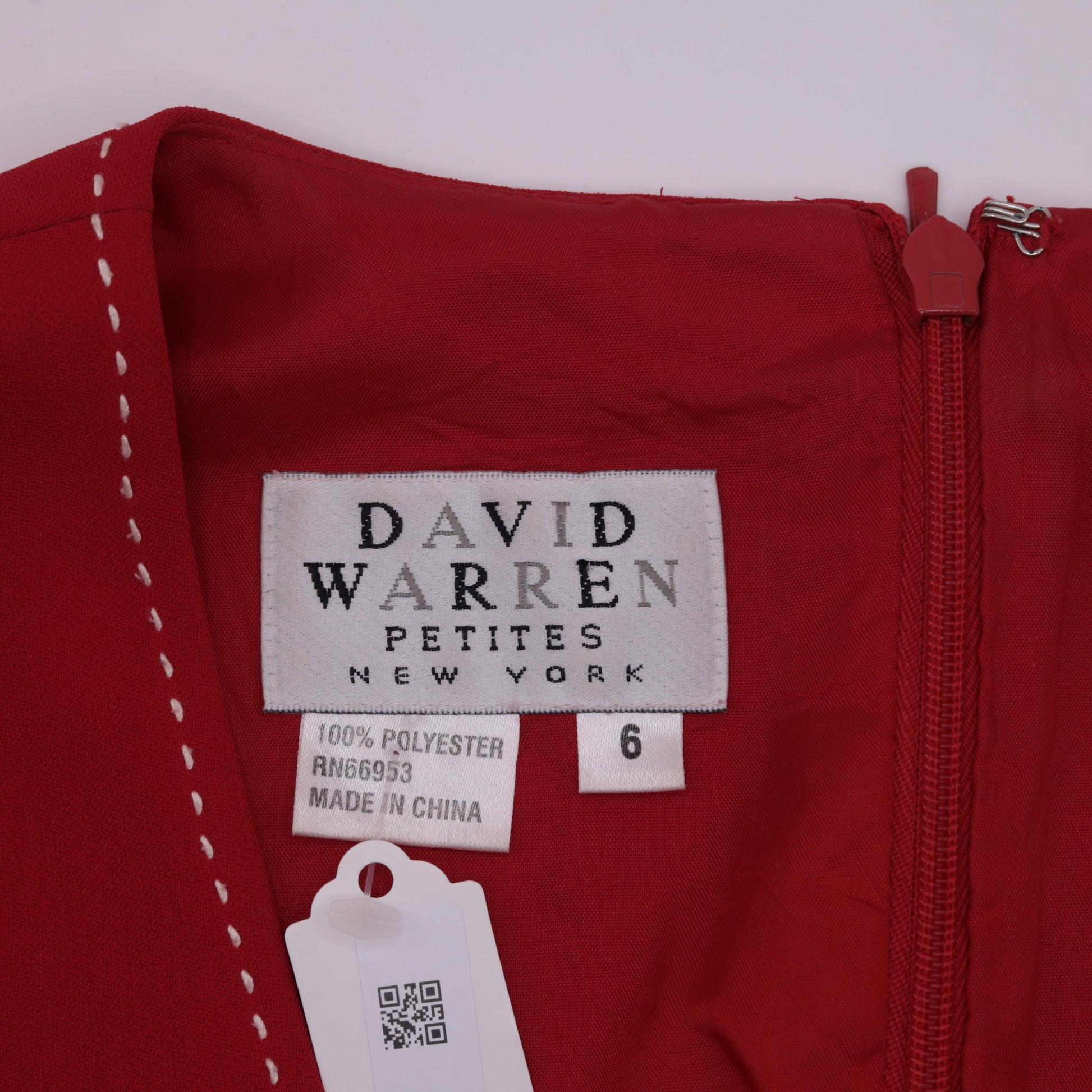 90s David Warren Red Sheath Dress V-Neck Decorative Stitching Small Petite