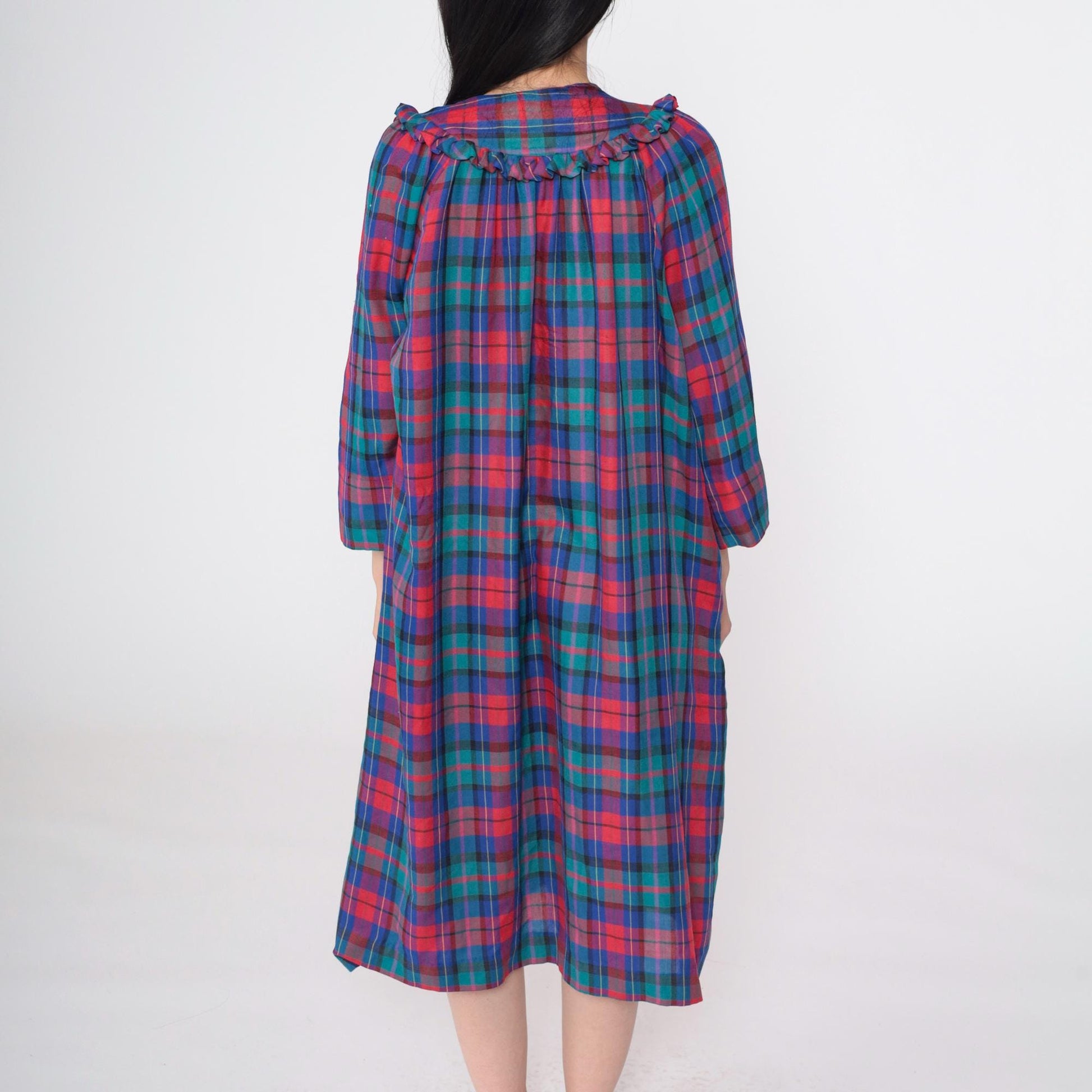 80s Plaid Button-Up Nightgown Red Blue Green Ruffled Yoke Long Sleeve Large