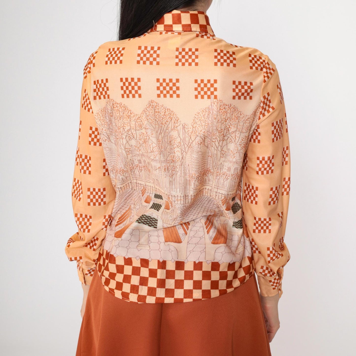 70s Bobbie Brooks Three-Piece Set Rust Brown Scenic Print Blouse Vest Midi Skirt Extra Small