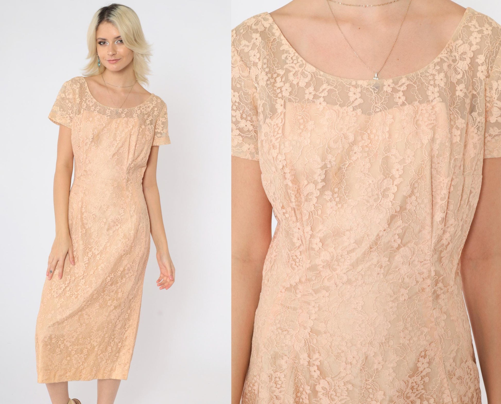 1960s Peach Lace Midi Dress Sweetheart Neckline Short Sleeve Small