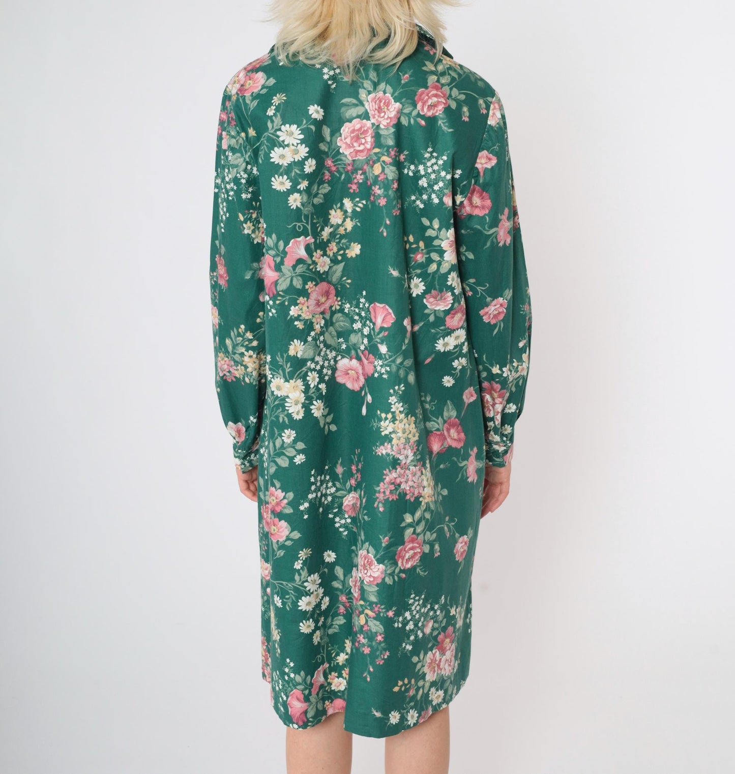 1970s Green Floral Shirt Dress Knee-Length Button-Up Collar Long Sleeve Medium Large