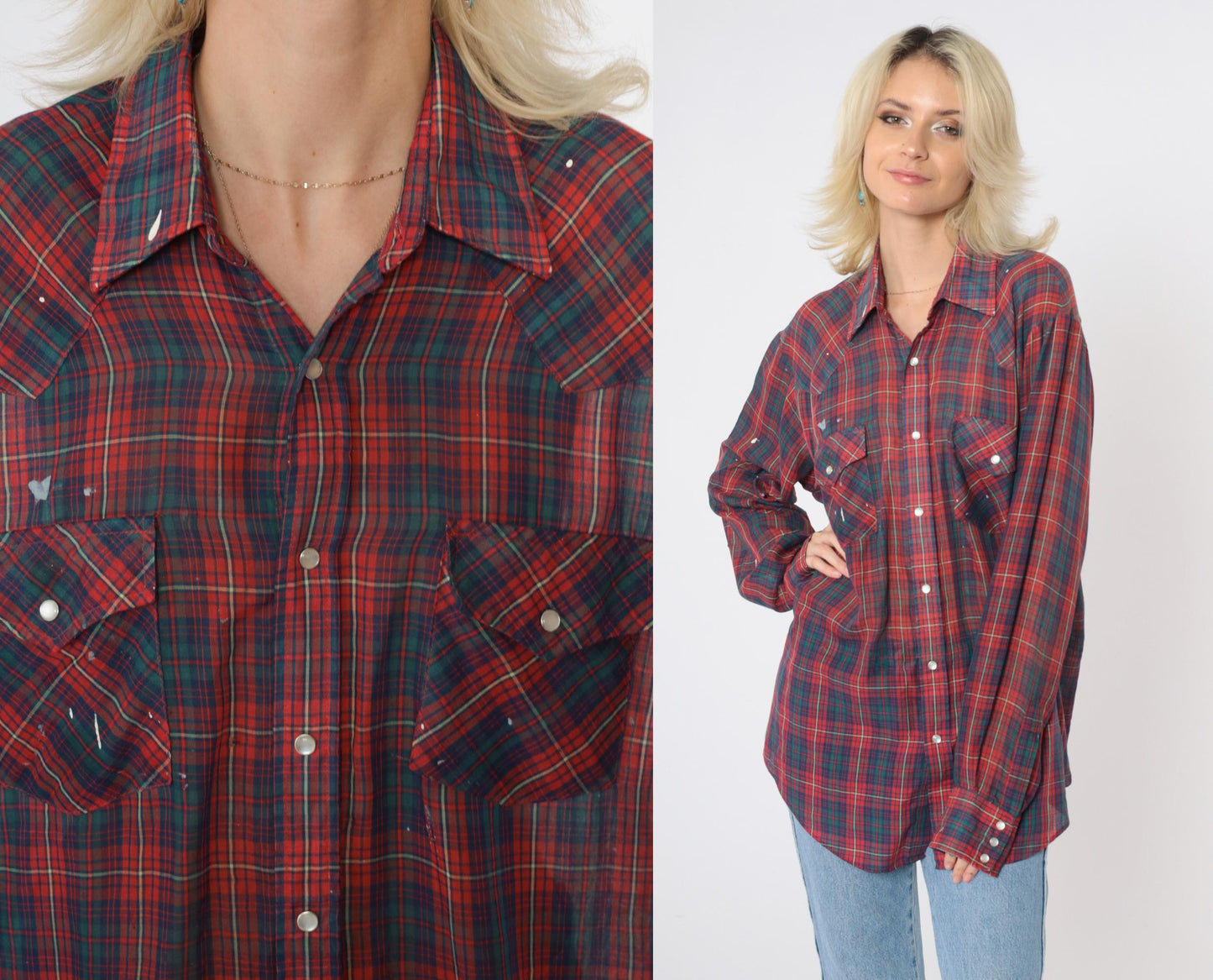 80s Western Pearl Snap Shirt Plaid Paint Splatter Distressed Large L