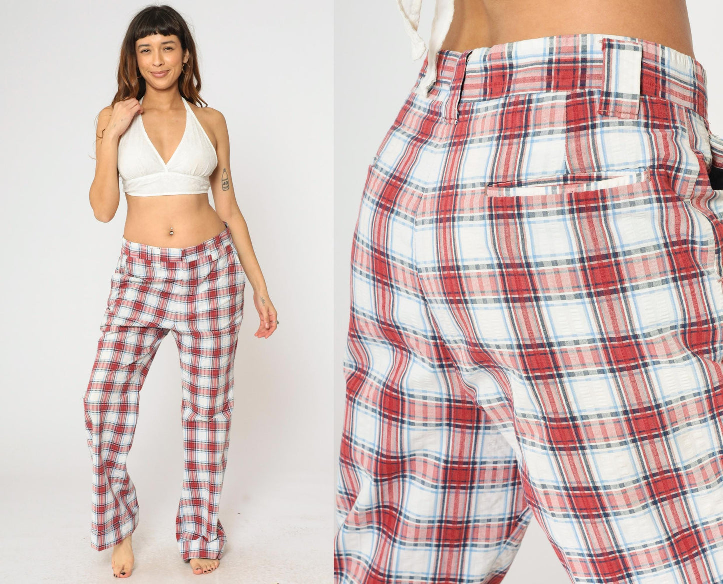 70s Haggar Plaid Trousers Red White Blue High Waisted Straight Leg Men's 34