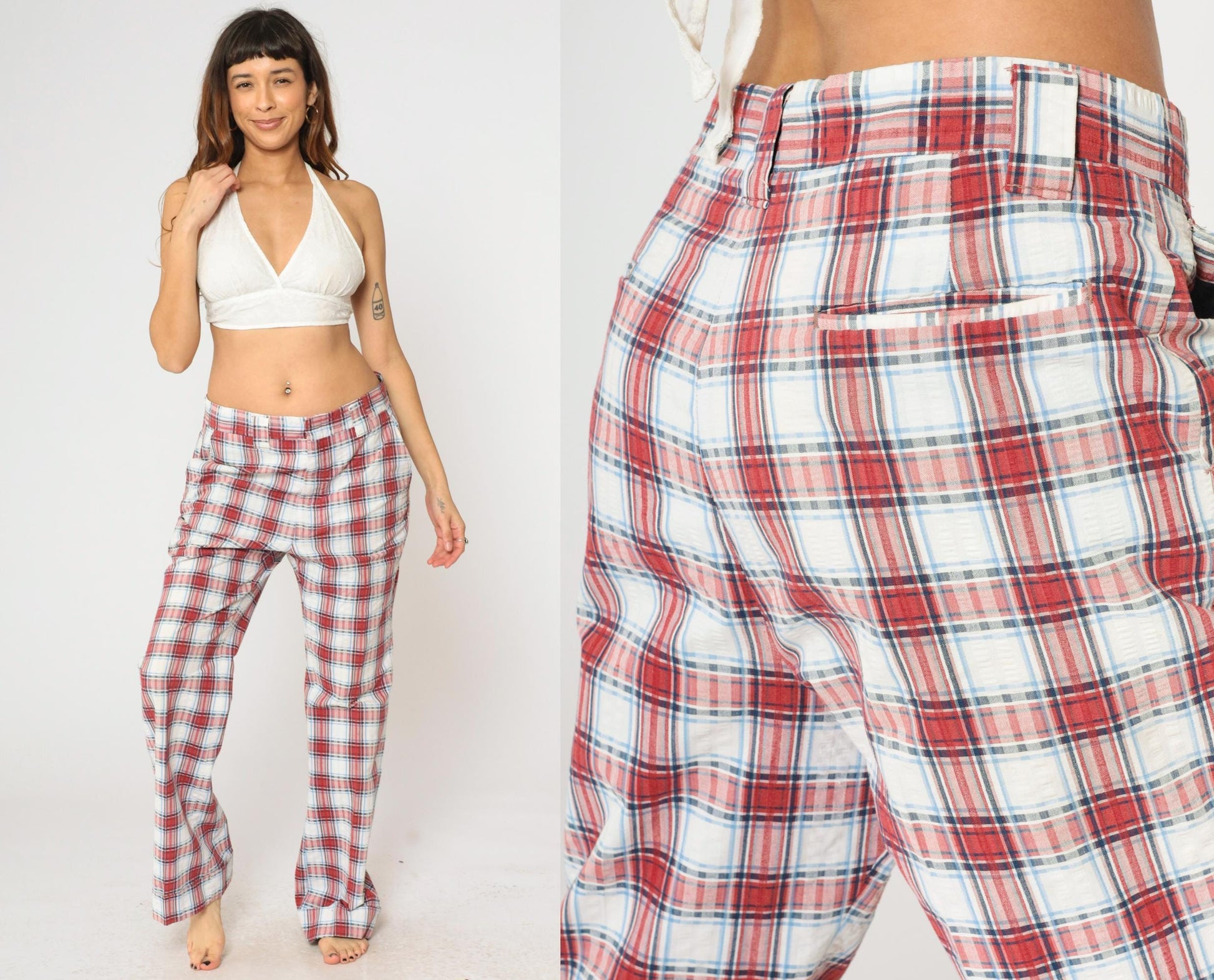 70s Haggar Plaid Trousers Red White Blue High Waisted Straight Leg Men's 34