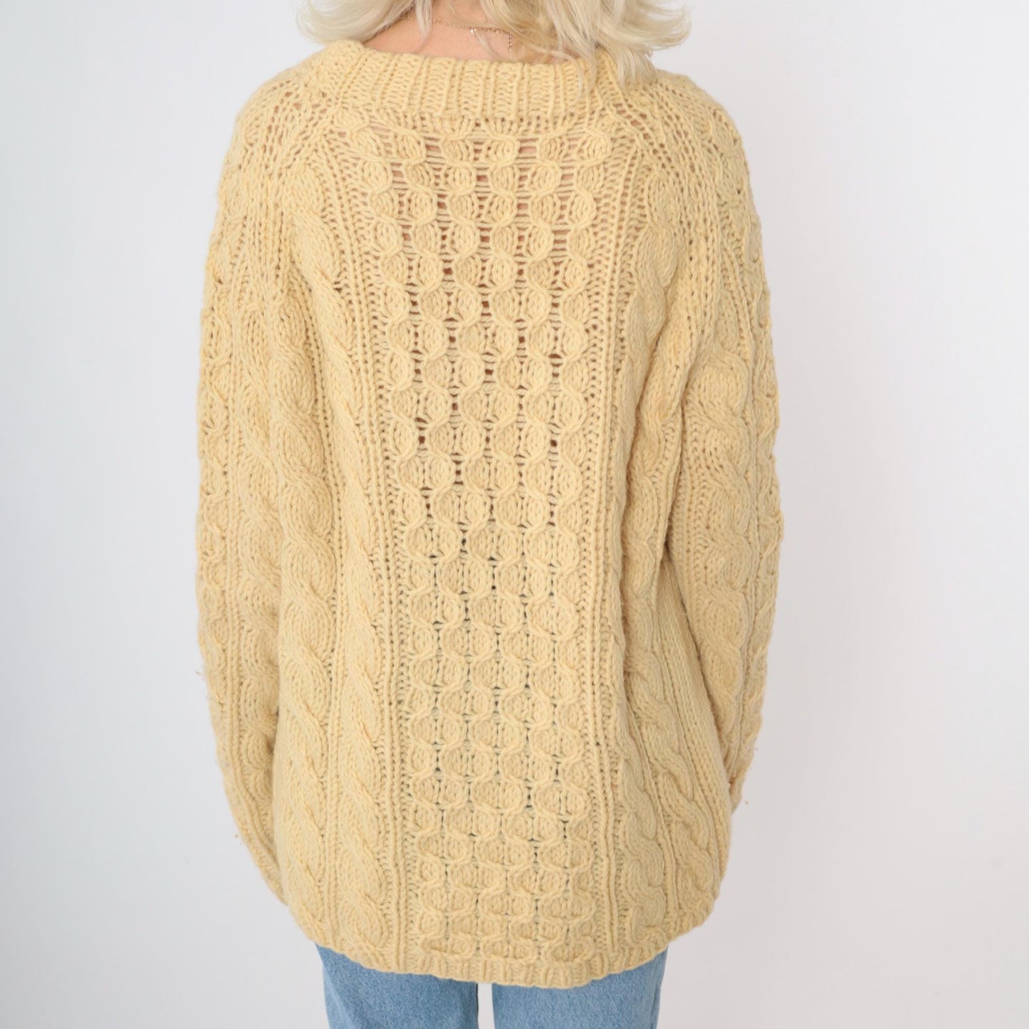 80s Yellow Cable Knit Sweater Crewneck Pullover Semi-Sheer Large L