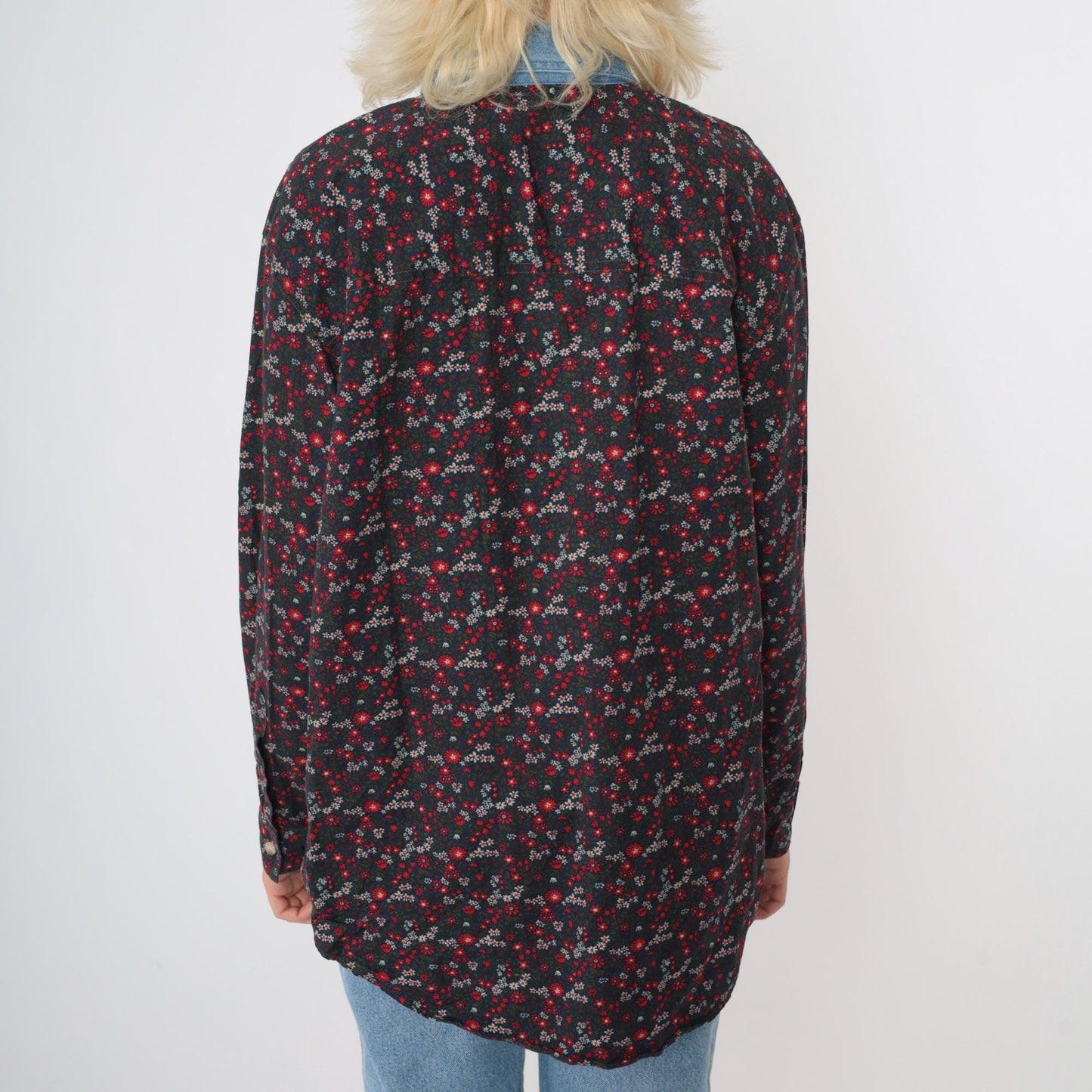 90s Floral Button-Up Blouse Red Green Blue Denim Collar Cotton Medium