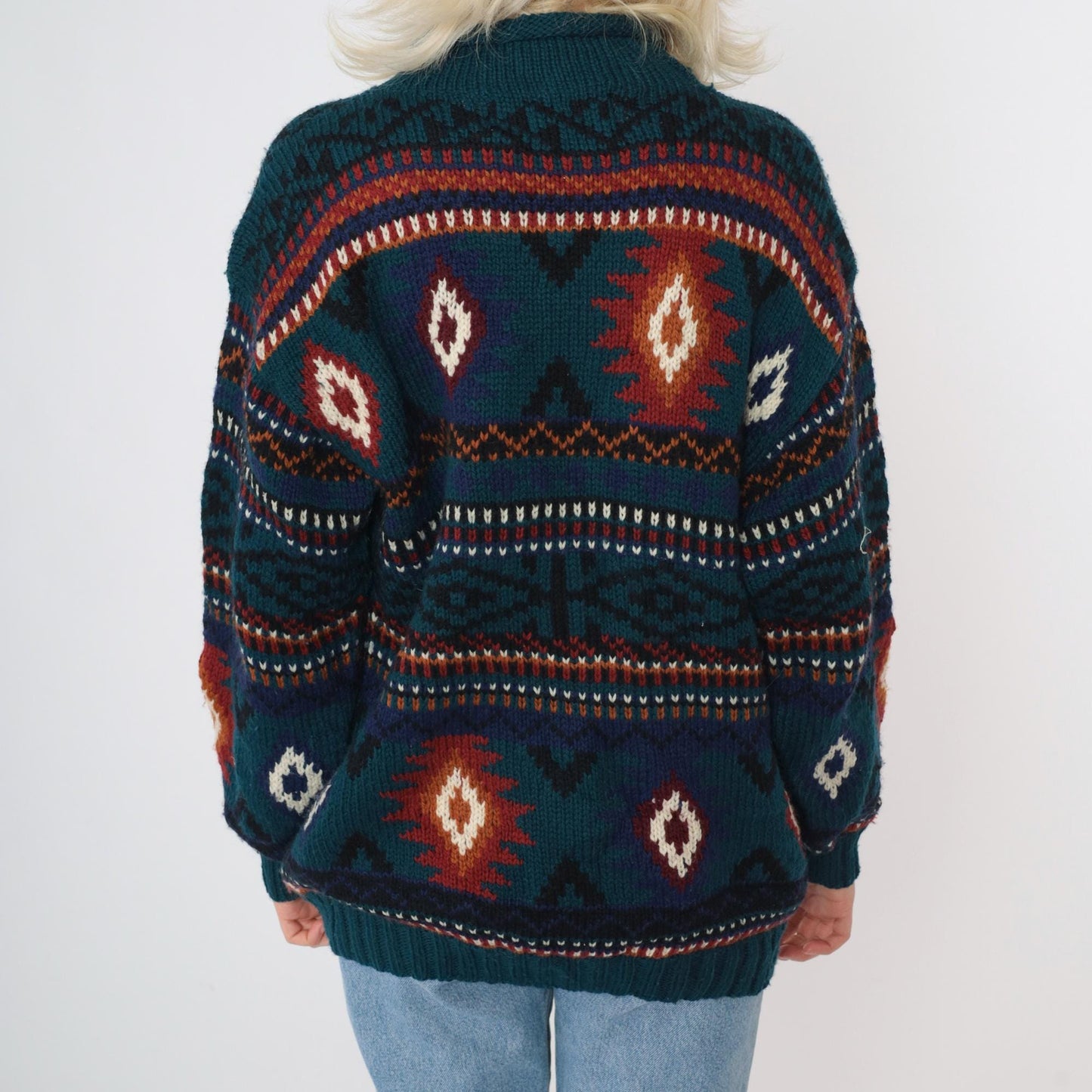 90s Early Winters Wool Southwestern Sweater Teal Geometric Roll Neck Medium M