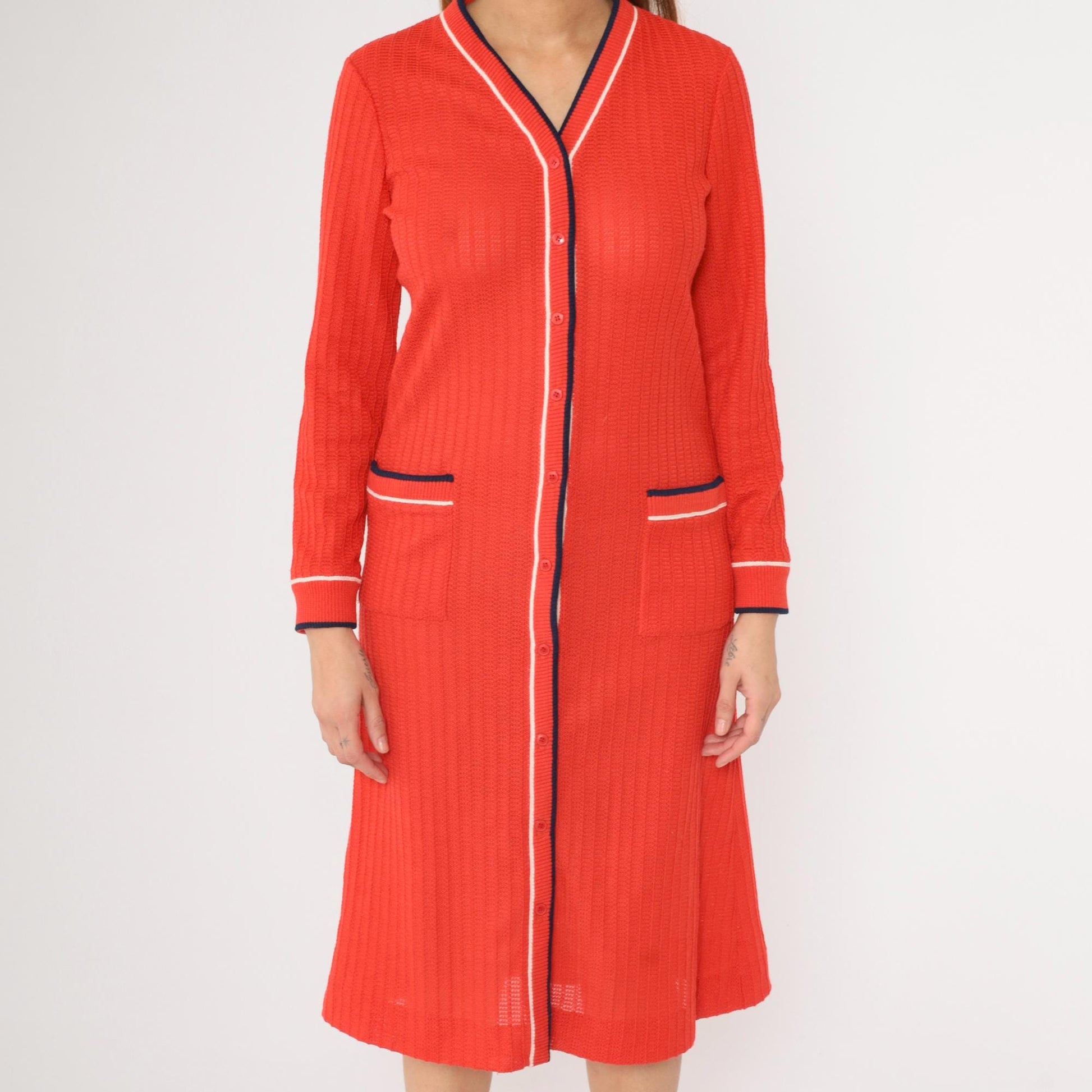 70s Red Knit Sweater Dress Striped Trim Button Front Midi Medium