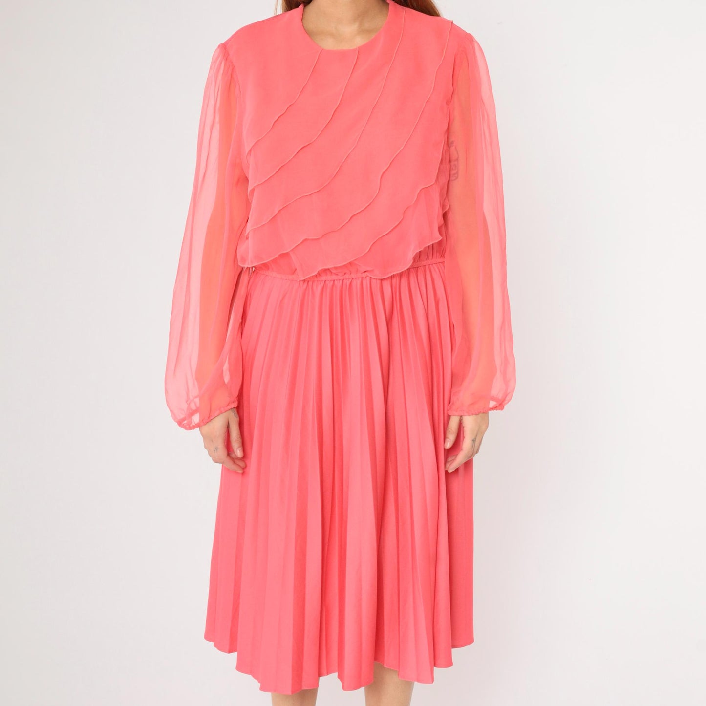 80s Coral Pink Chiffon Midi Dress Puff Sleeves Ruffled Bodice Large L