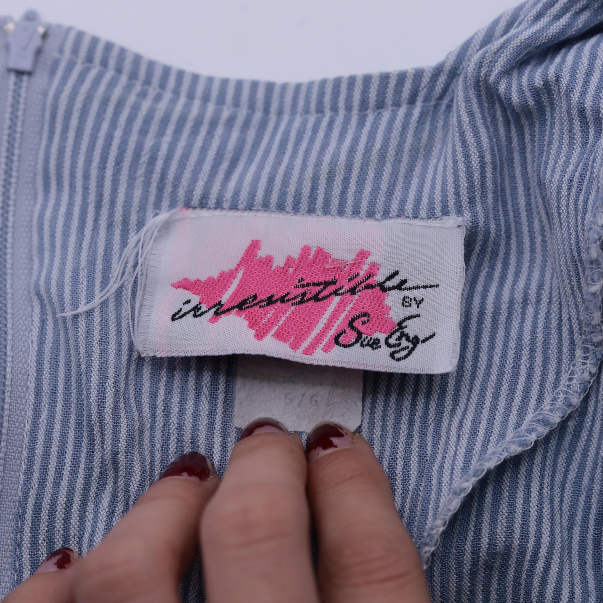 90s Blue White Striped Midi Sheath Dress Cuffed Sleeves Small S