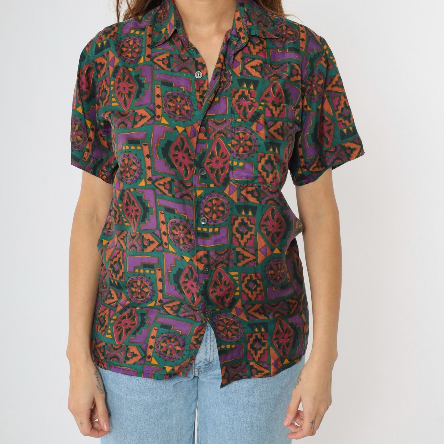 90s Robert Stock Silk Button Up Geometric Print Purple Green Short Sleeve Extra Small