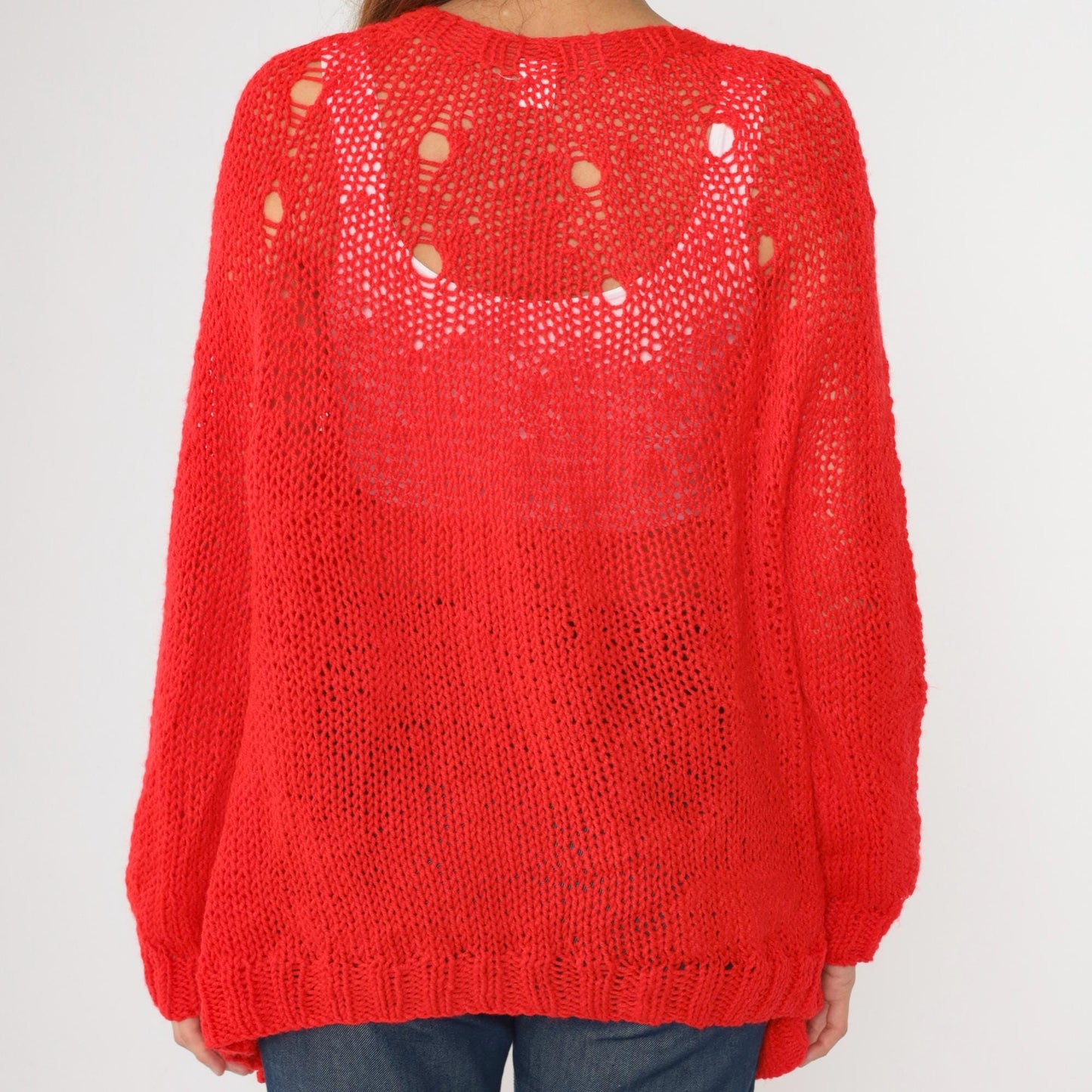70s Red Cardigan Sweater Open Weave Sheer Knit Long Sleeve Large