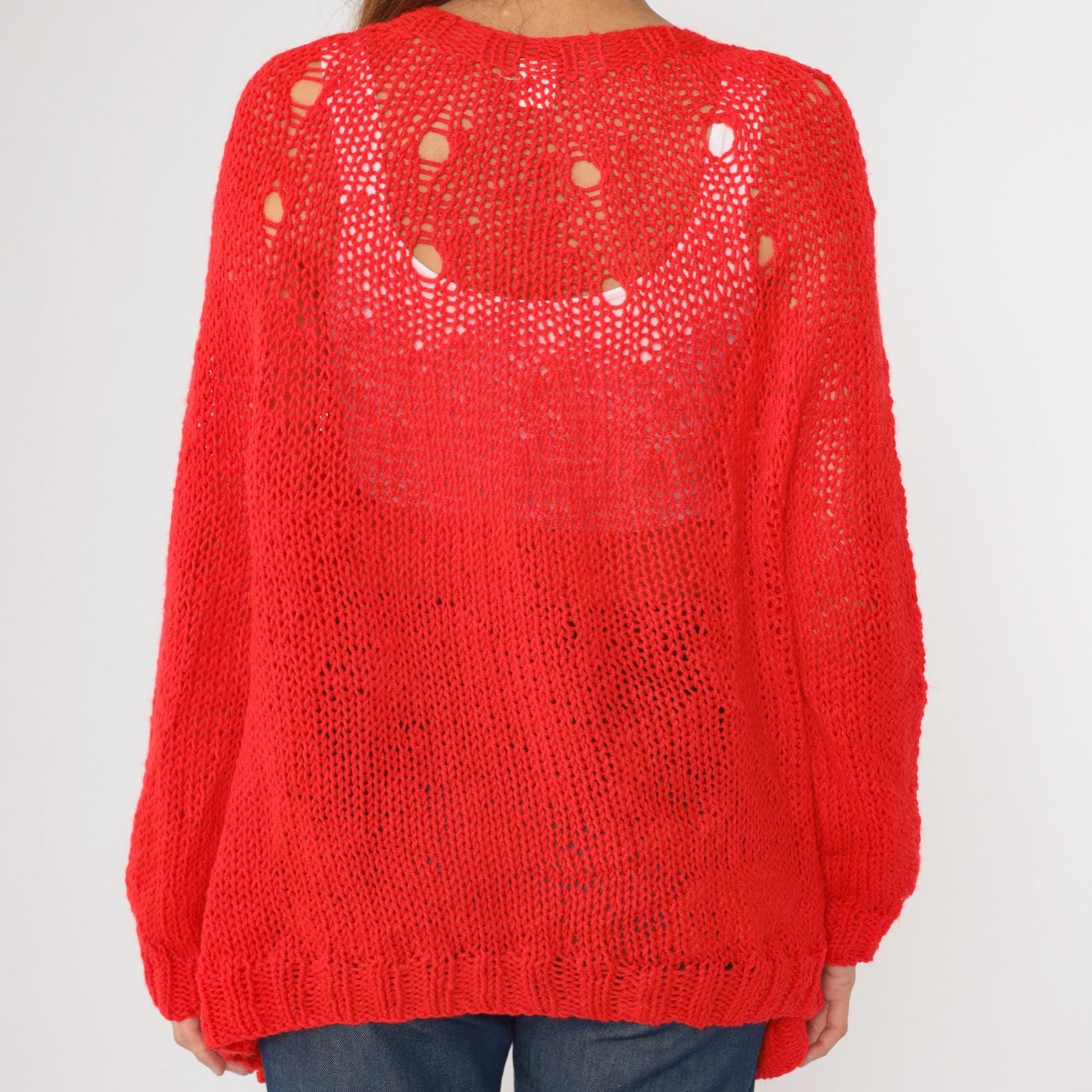 70s Red Cardigan Sweater Open Weave Sheer Knit Long Sleeve Large