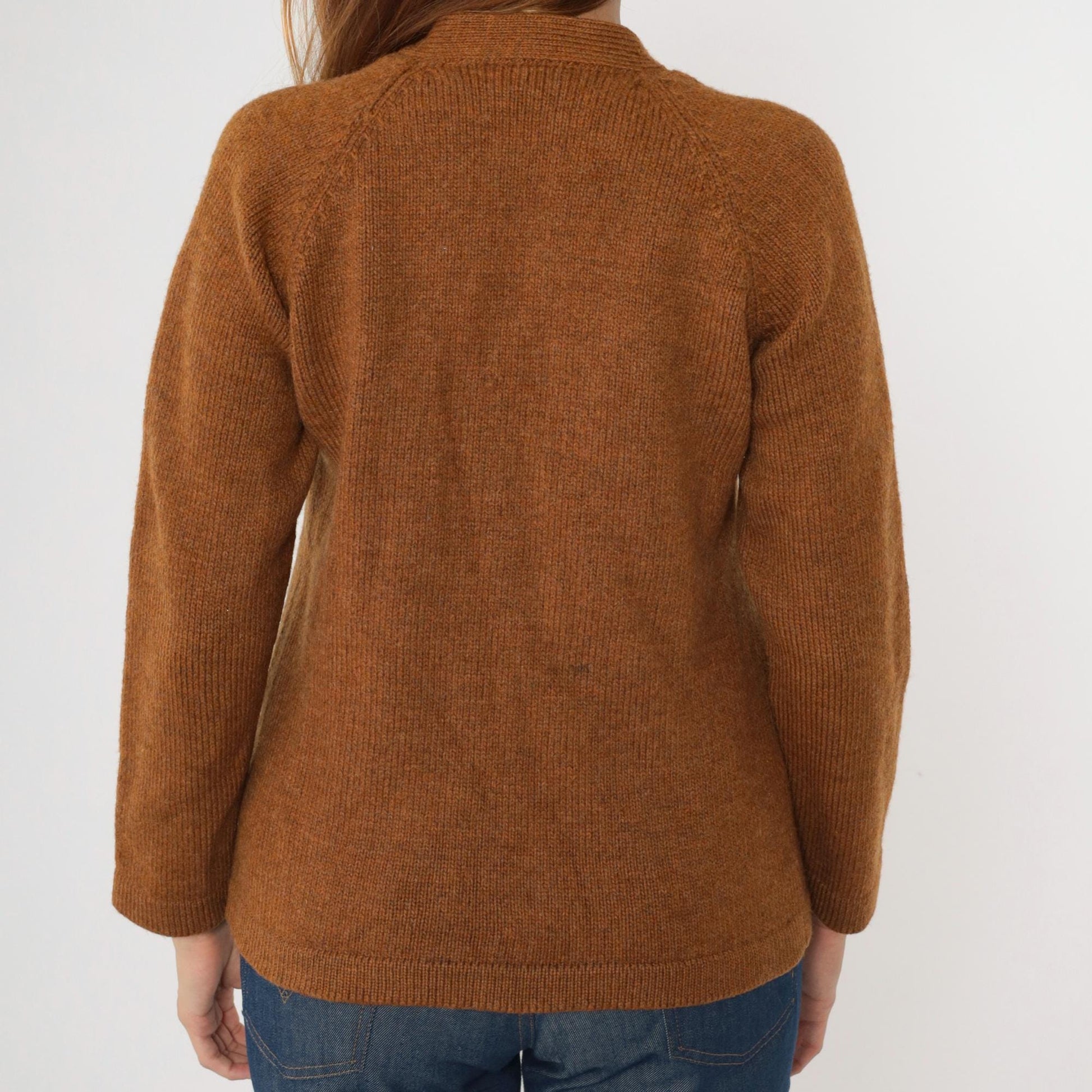 70s Flecked Brown Wool Cardigan V Neck Button Up Knit Sweater Small Medium