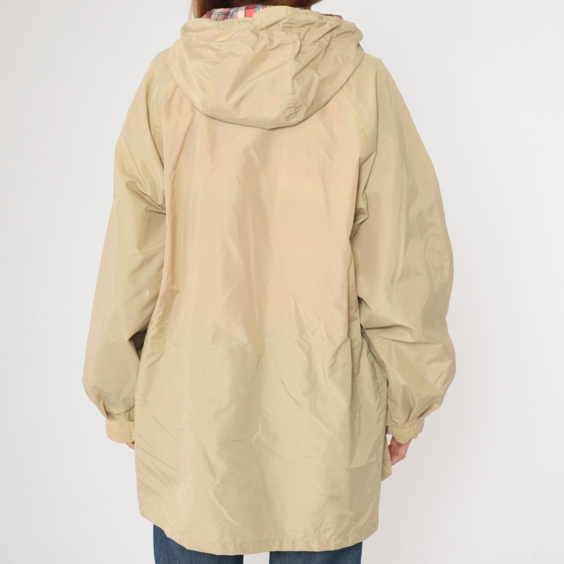 80s Open Trails Beige Nylon Anorak Jacket Plaid Lined Hooded Windbreaker Large L