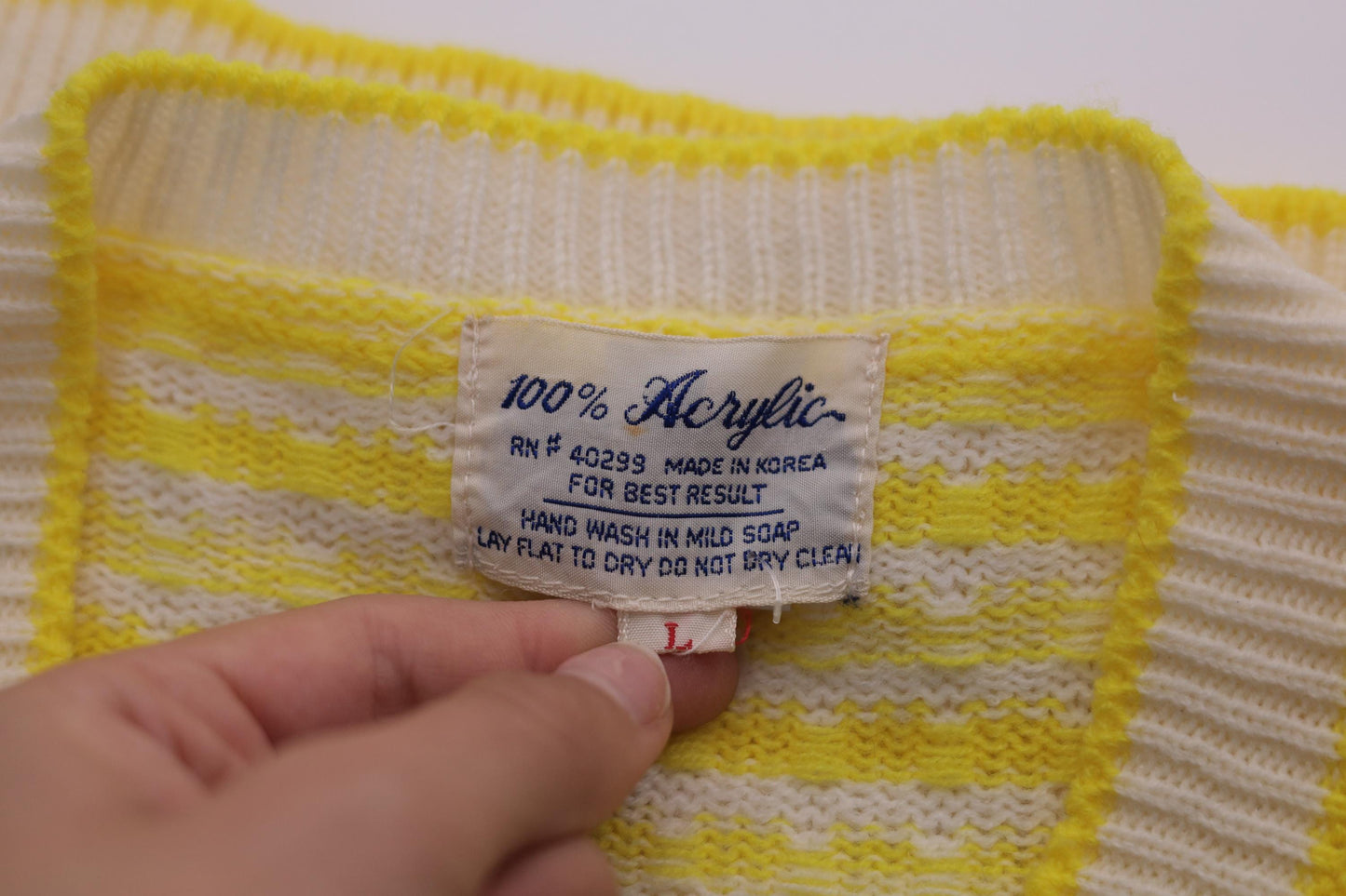70s Sweater Vest White Yellow Striped Square Print V-Neck Pullover Small