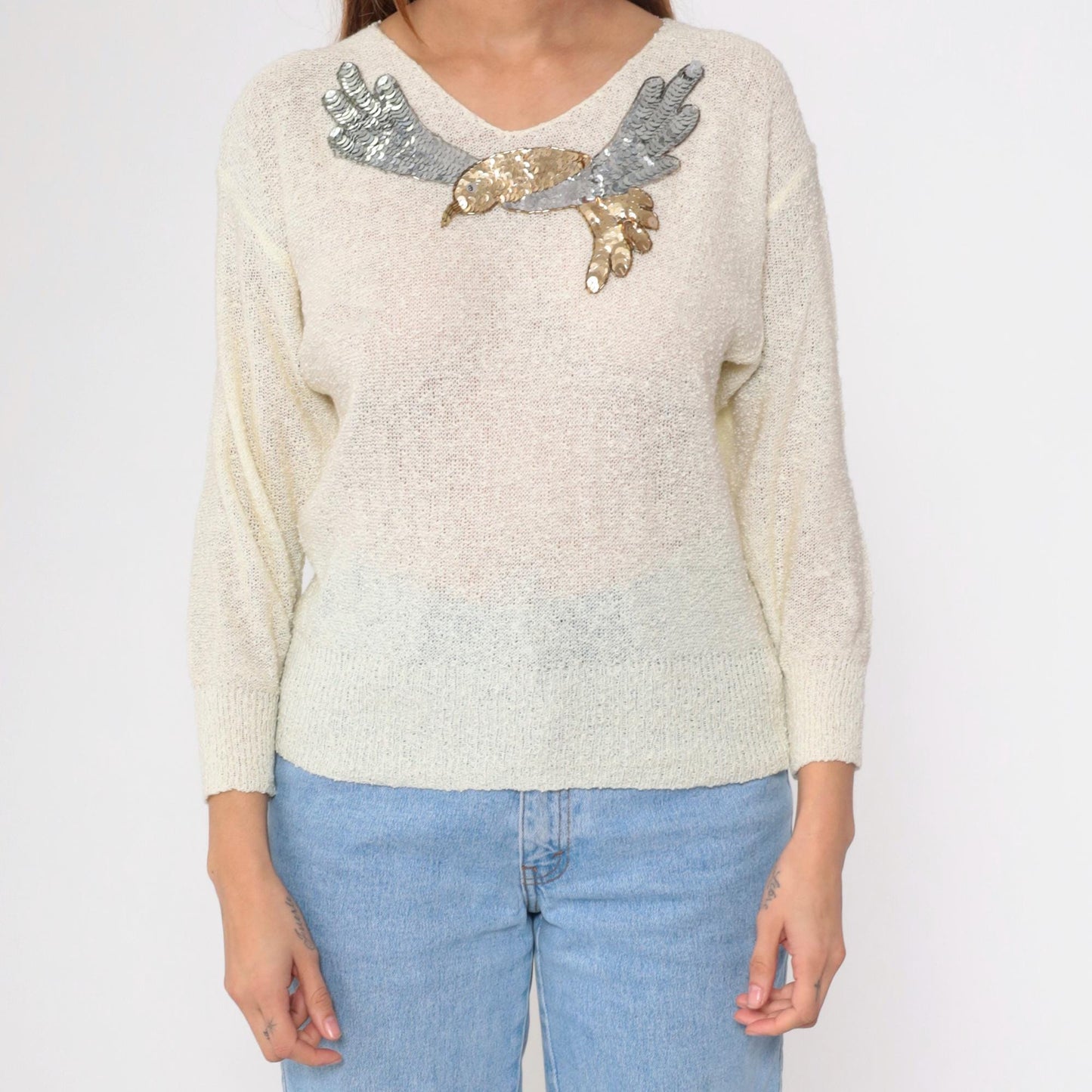 80s Sequin Bird Sweater Off-White V-Neck Beaded Metallic Pullover Small
