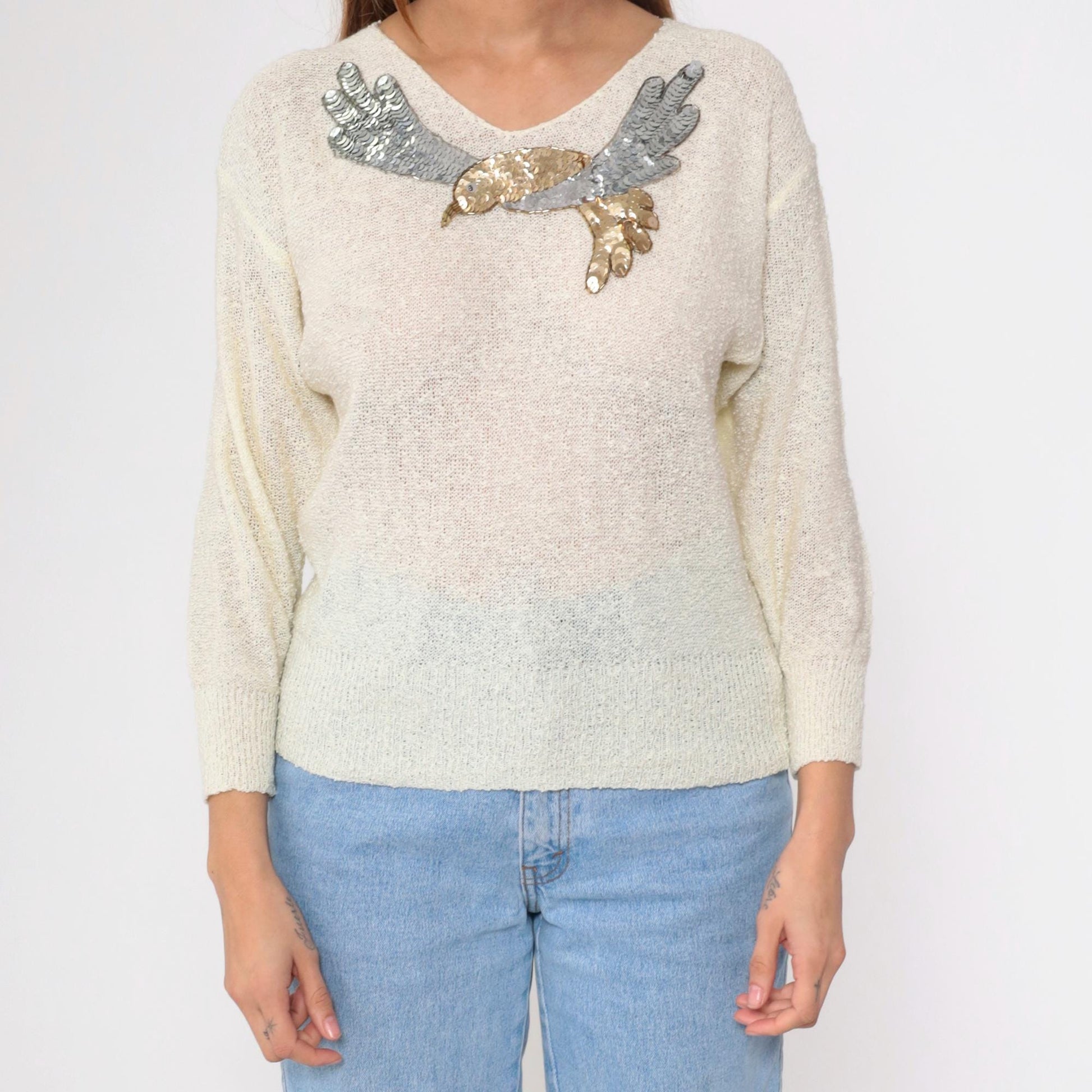 80s Sequin Bird Sweater Off-White V-Neck Beaded Metallic Pullover Small