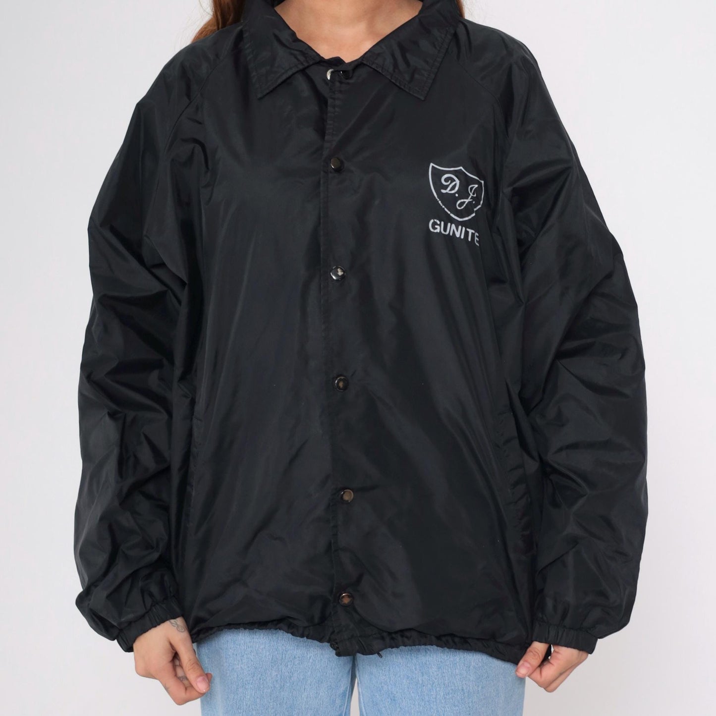 90s DJ Gunite Trucking Black Nylon Coaches Jacket Huntington Beach Extra Large XL