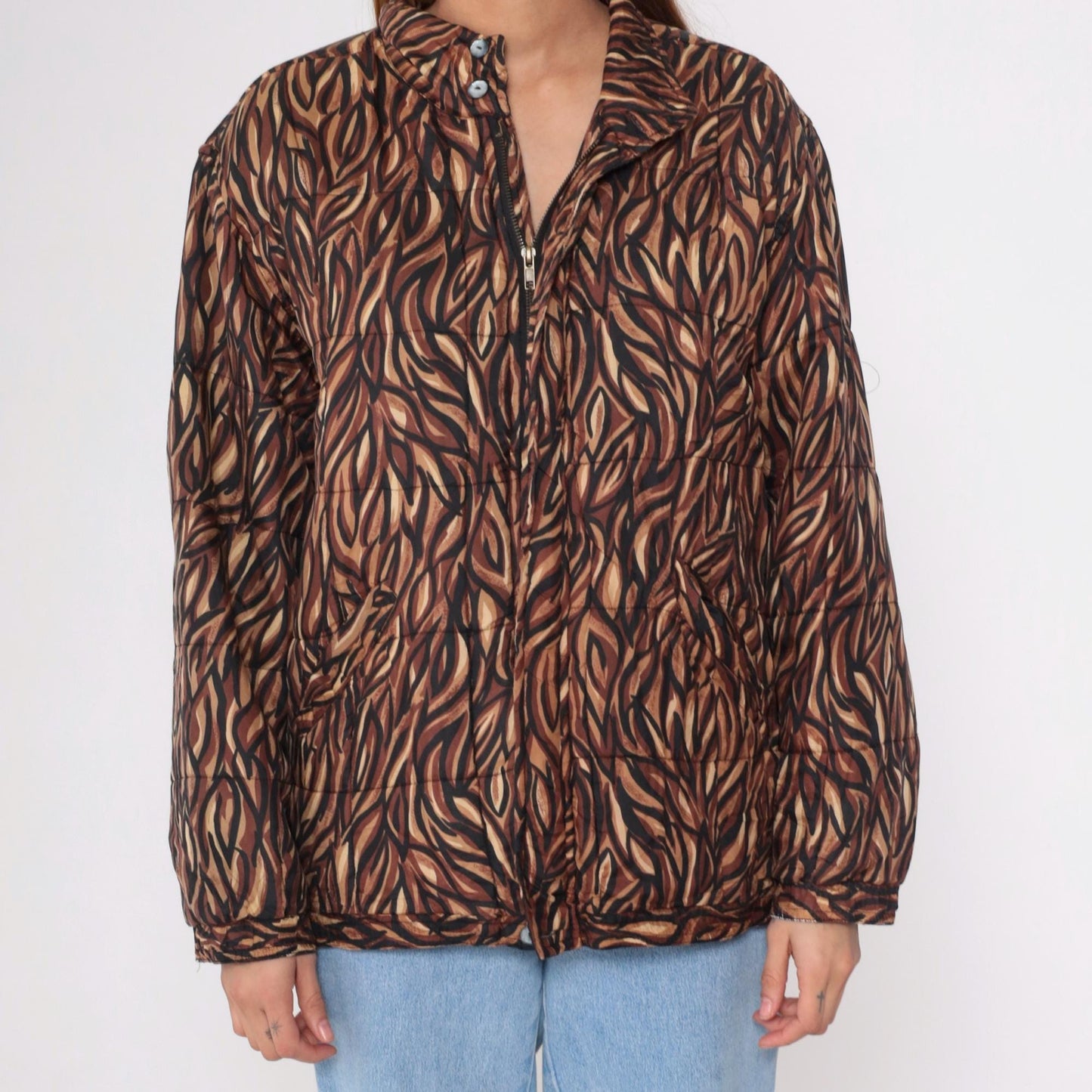 90s Clio Silk Puffer Jacket Abstract Animal Print Brown Medium
