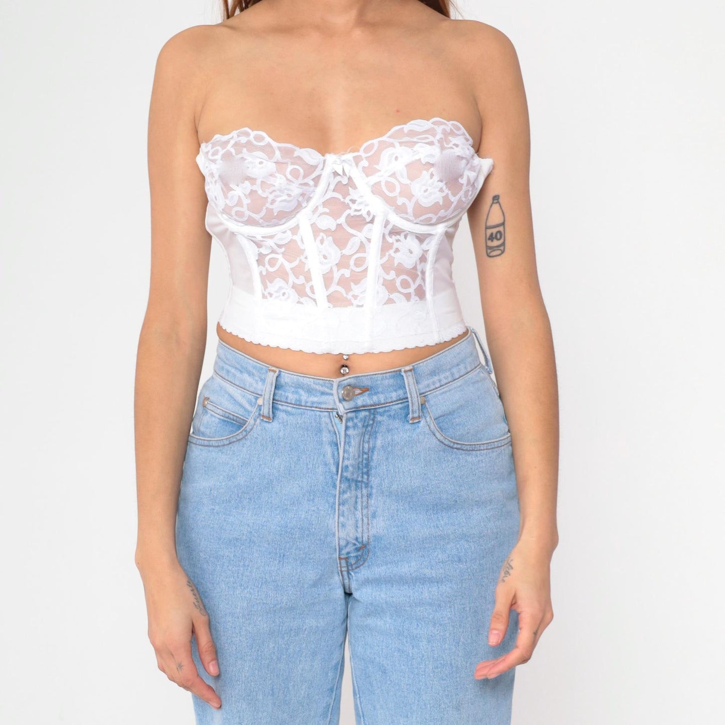 80s White Lace Bustier Corset Boned Strapless Sweetheart Bra 36C