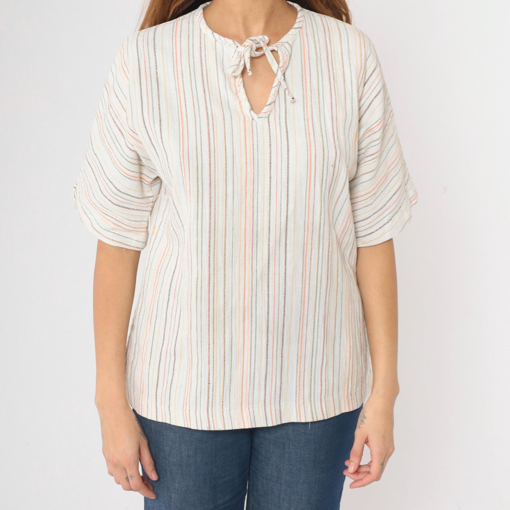 70s Striped Tunic Top White Keyhole Tie Neck Short Sleeve Small