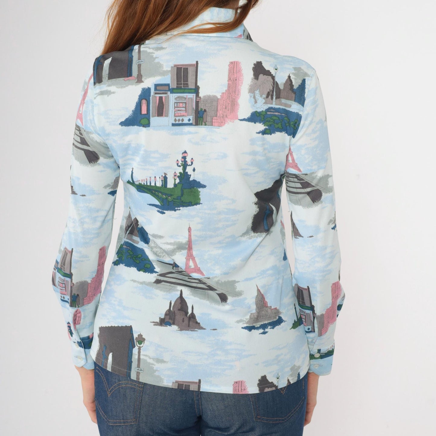 70s Loubella Parisian Print Blouse Blue Button Up Eiffel Tower Medium