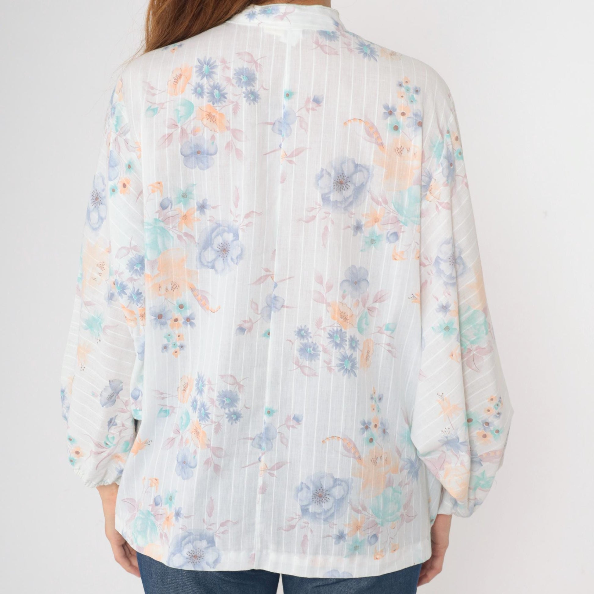 70s Pastel Floral Mandarin Collar Blouse Batwing Sleeve Button Up Large L