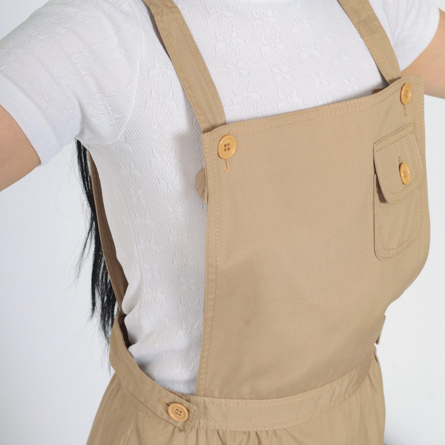 70s Khaki Midi Pinafore Dress High Waist Sleeveless Pockets Small