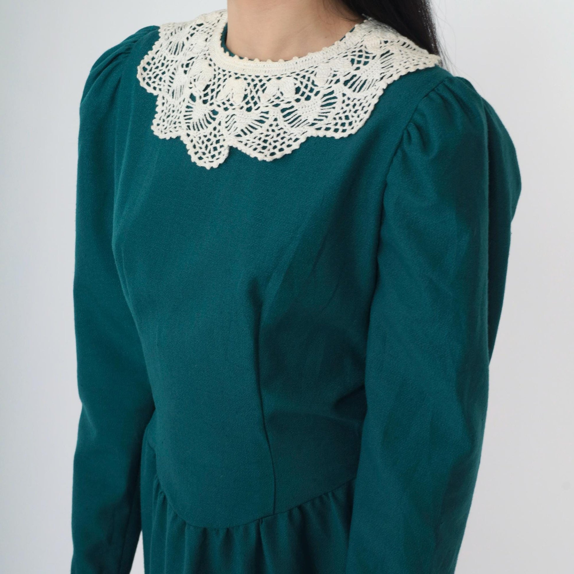 80s Teal Crochet Collar Puff Sleeve Midi Dress Pencil Skirt Small