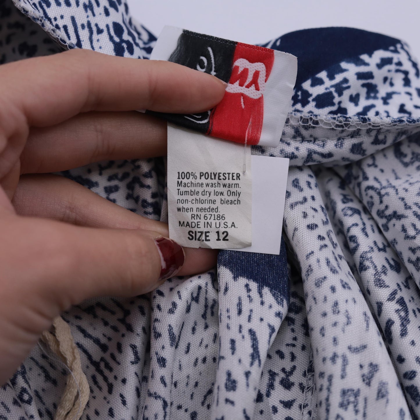 80s Abstract Peplum Midi Dress Blue White V Neck Button Up High Waisted Medium Large